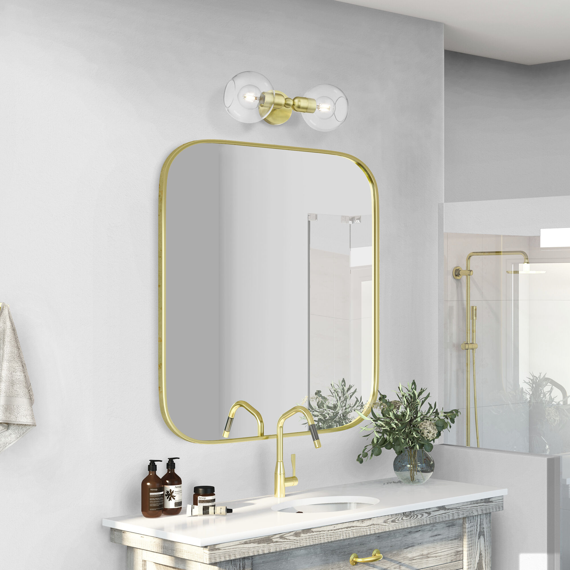 Downtown 2 Light 7 inch Satin Brass Vanity Sconce Wall Light, Sphere