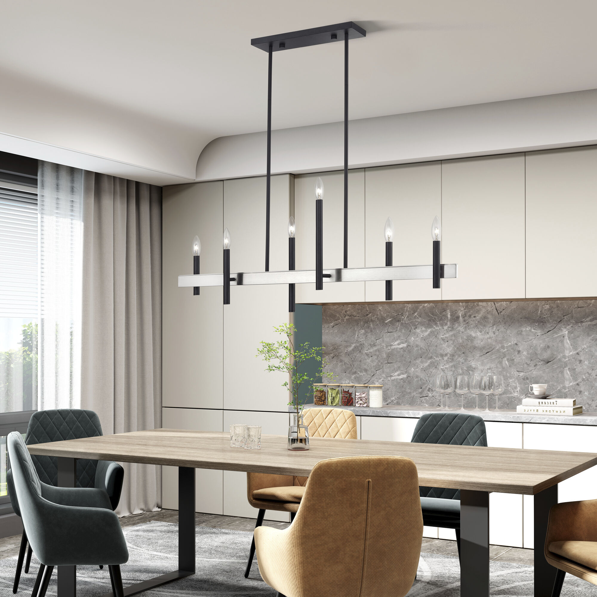 Denmark 6 Light 40 inch Black with Brushed Nickel Accents Linear Chandelier Ceiling Light