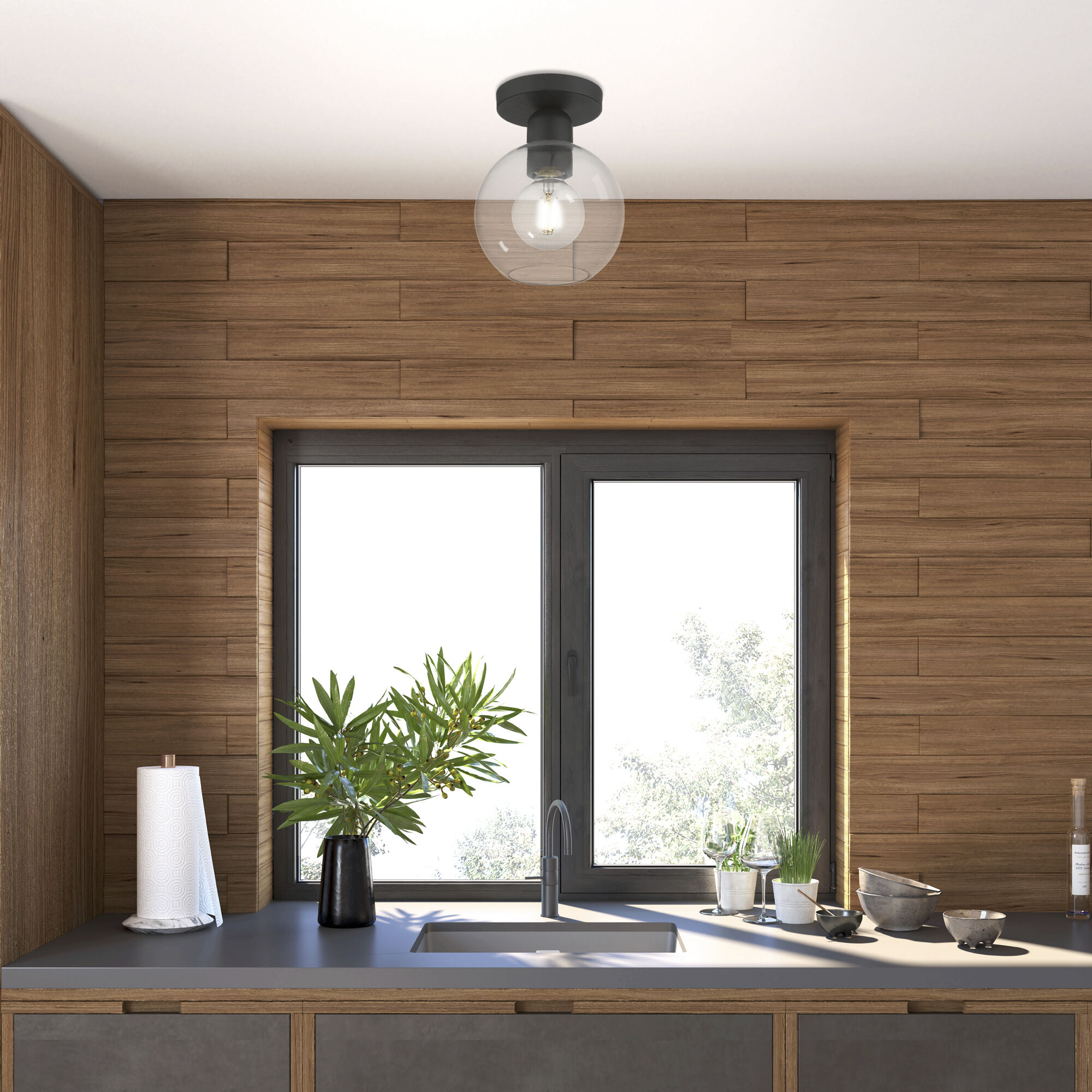 Downtown 1 Light 7 inch Black Semi-Flush Ceiling Light, Sphere