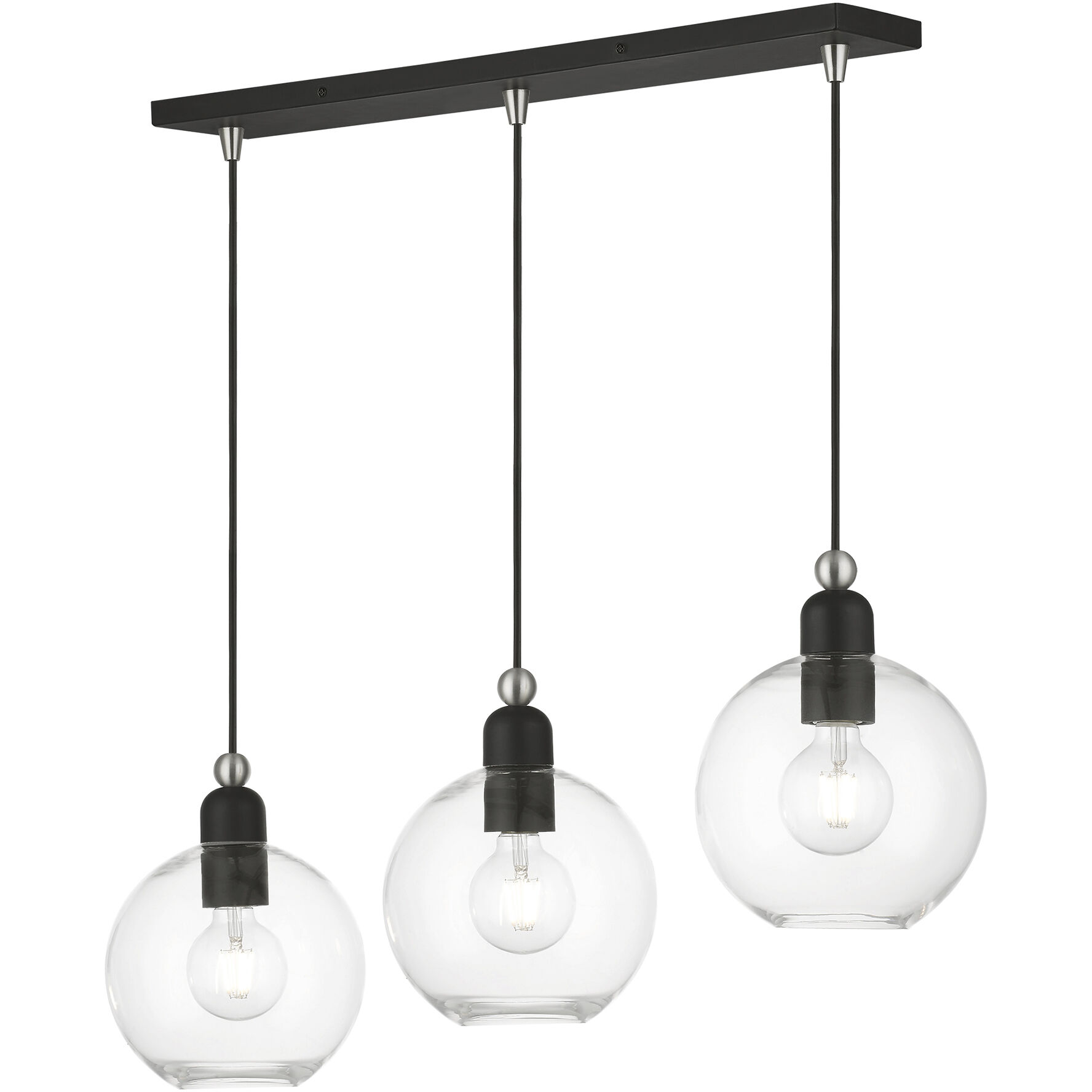 Downtown 3 Light 30 inch Black with Brushed Nickel Accents Linear Chandelier Ceiling Light, Sphere
