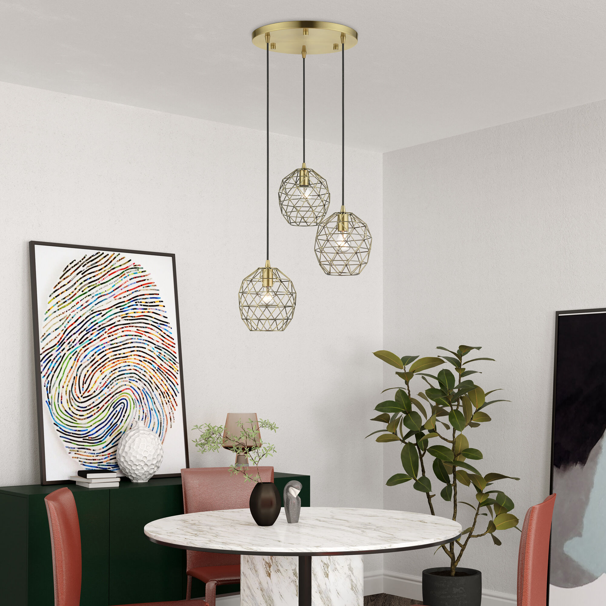 Geometrix 3 Light 20 inch Antique Brass Pendant Ceiling Light