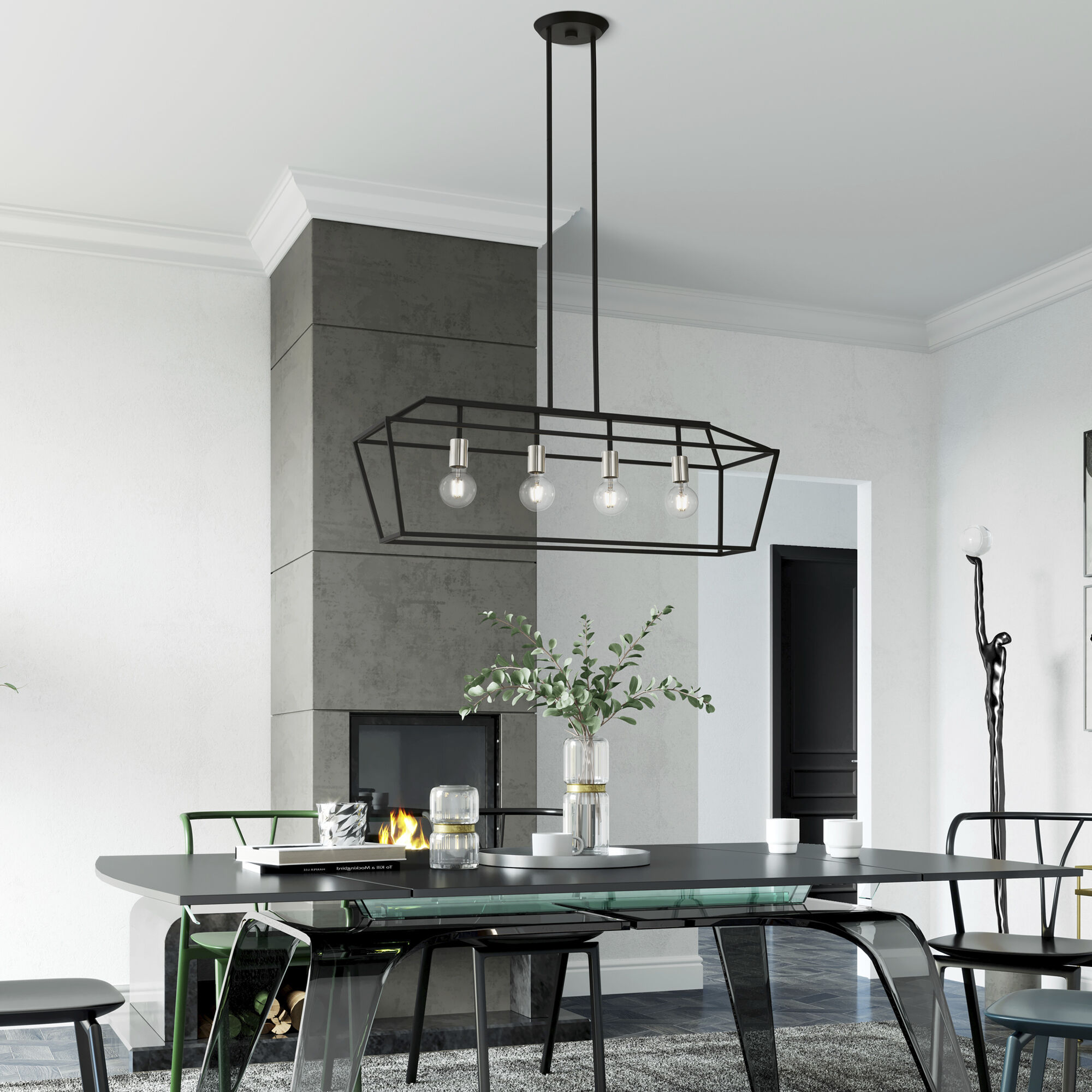 Devone 4 Light 38 inch Black with Brushed Nickel Accents Linear Chandelier Ceiling Light