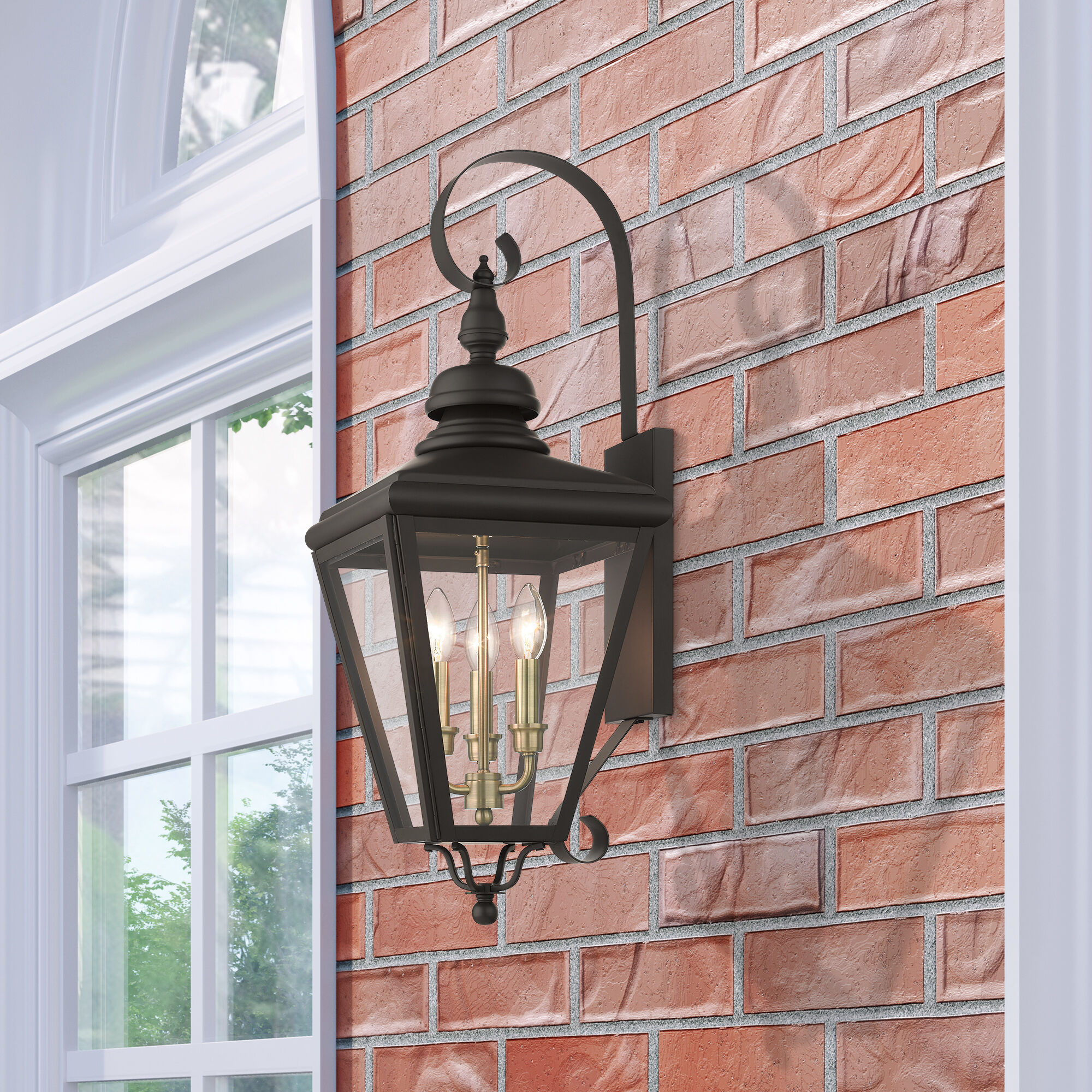 Adams 3 Light 10.63 inch Bronze with Antique Brass Finish Cluster Outdoor Large Wall Lantern Wall Light