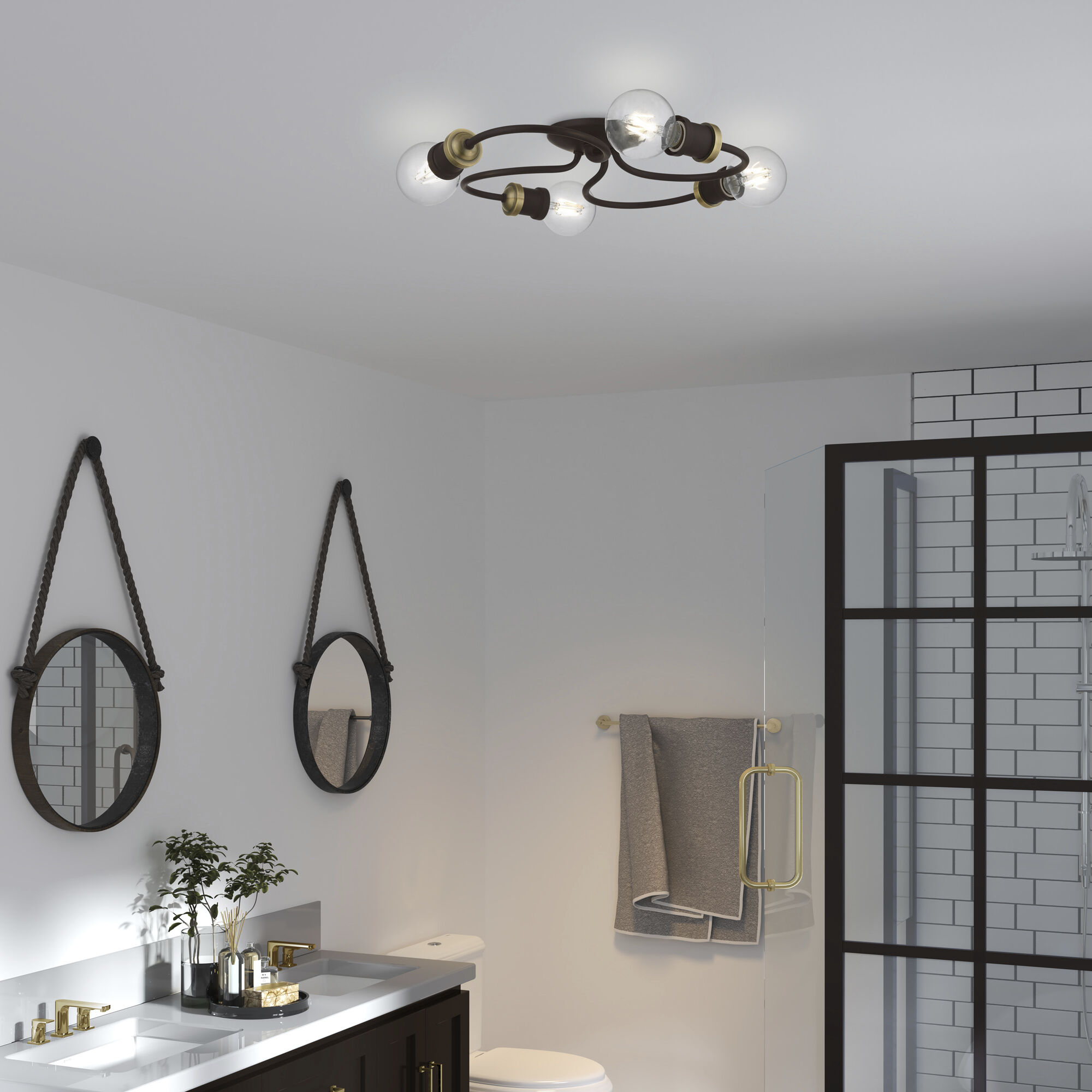 Bromley 4 Light 16 inch Bronze with Antique Brass Accents Flush Mount Ceiling Light, Large