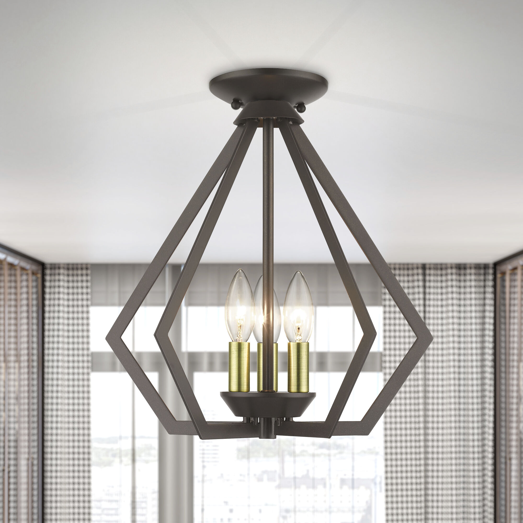 Prism 3 Light 14 inch English Bronze with Antique Brass Finish Accents Semi Flush Mount Ceiling Light