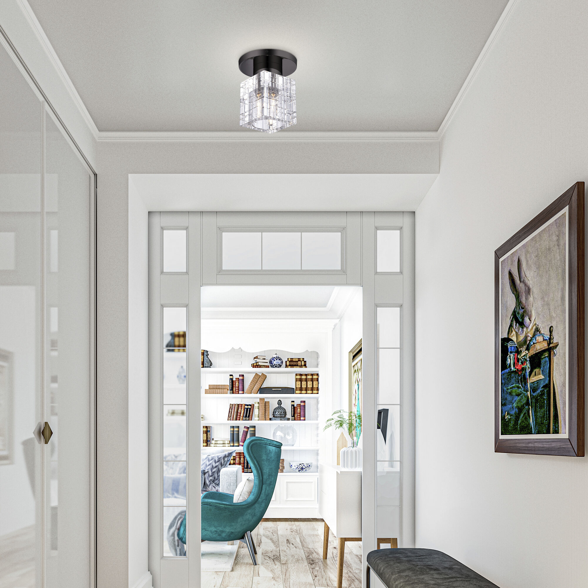 Rotterdam 1 Light 7 inch Black Chrome Crystal Semi-Flush Ceiling Light