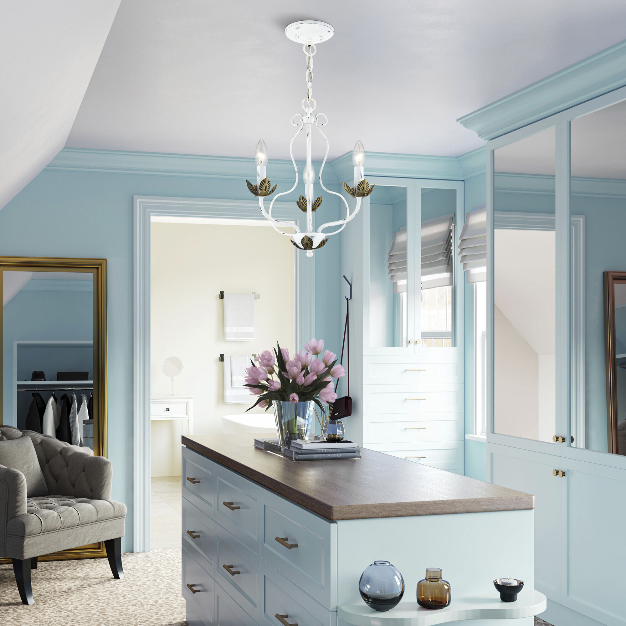 Katarina 3 Light 13 inch Antique White with Antique Brass Accents Chandelier Ceiling Light