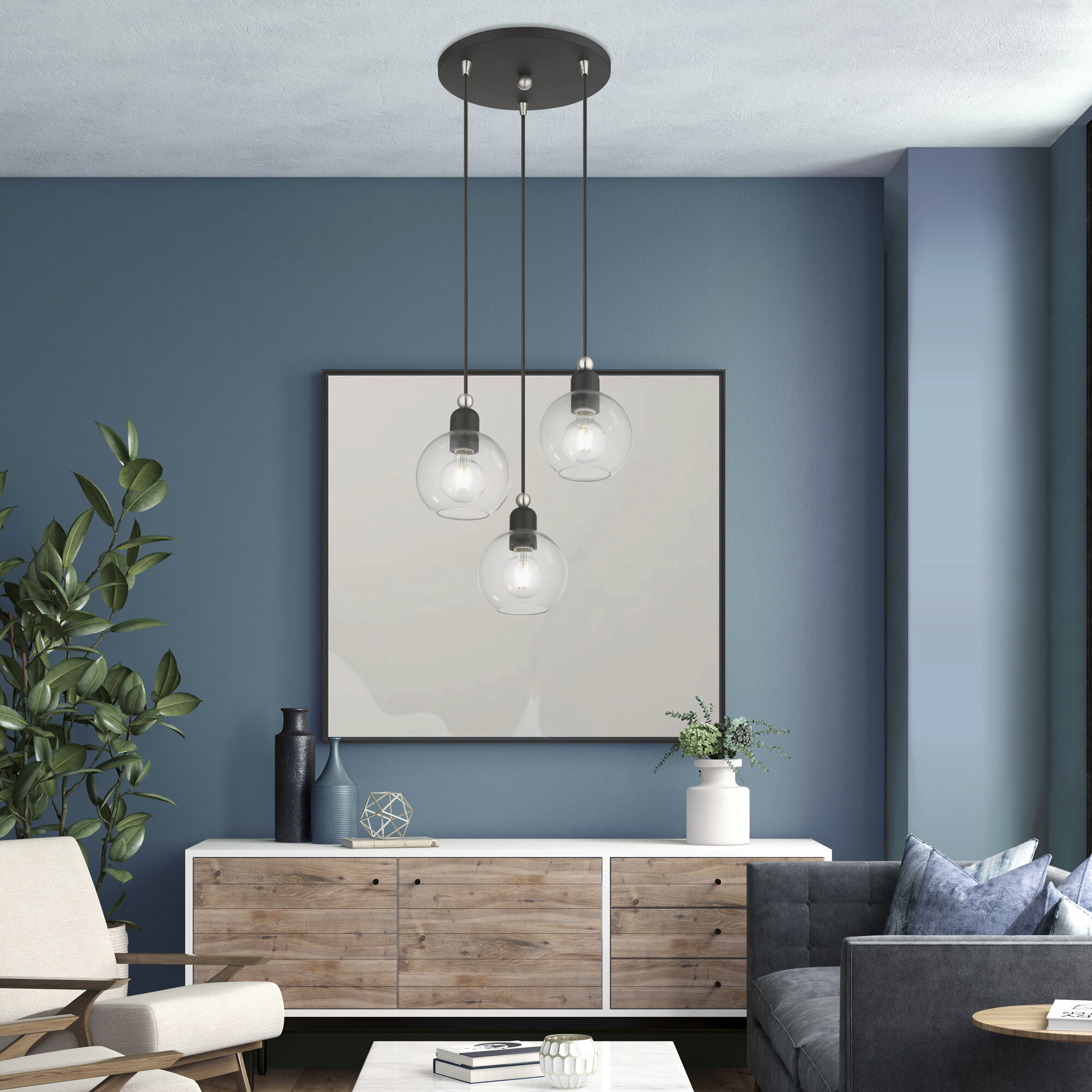 Downtown 3 Light 16 inch Black with Brushed Nickel Accents Multi Pendant Ceiling Light, Sphere