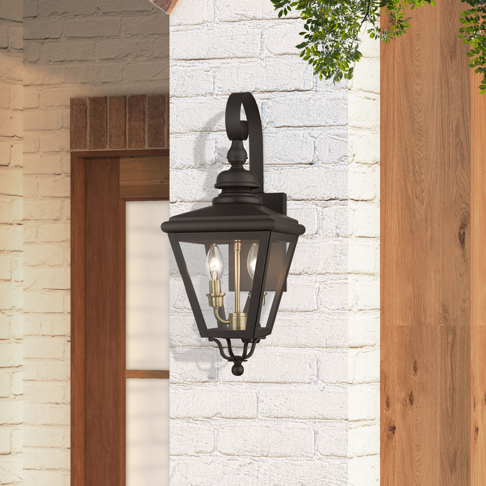 Adams 2 Light 21.5 inch Bronze with Antique Brass Finish Cluster Outdoor Wall Lantern in Bronze with Antique Brass Accent, Medium