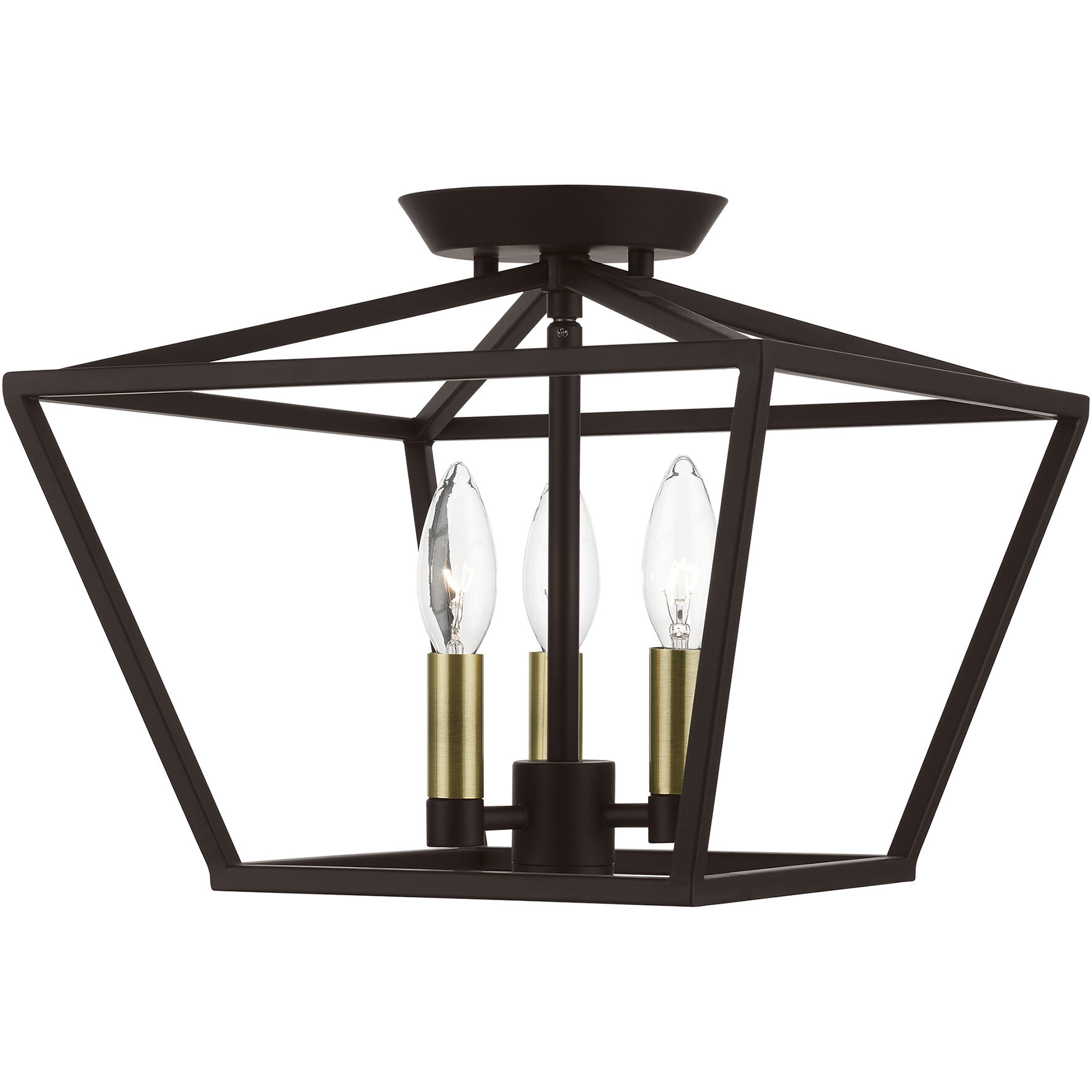 Devone 3 Light 13 inch Bronze with Antique Brass Accents Semi-Flush Ceiling Light, Square