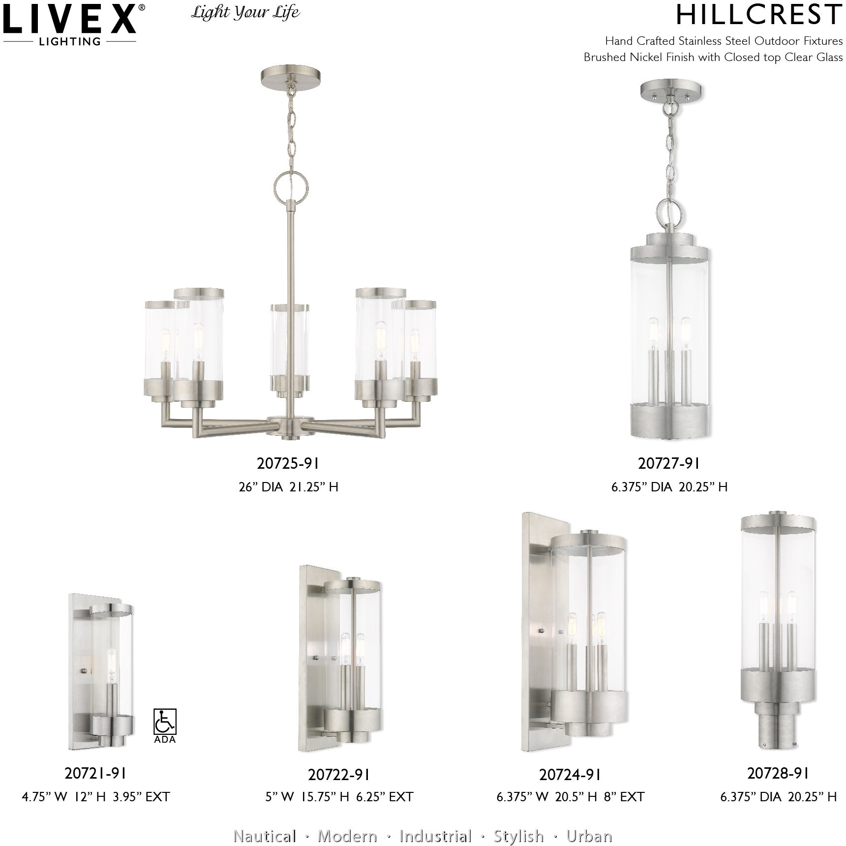 Hillcrest 3 Light 7 inch Brushed Nickel Outdoor Pendant Lantern