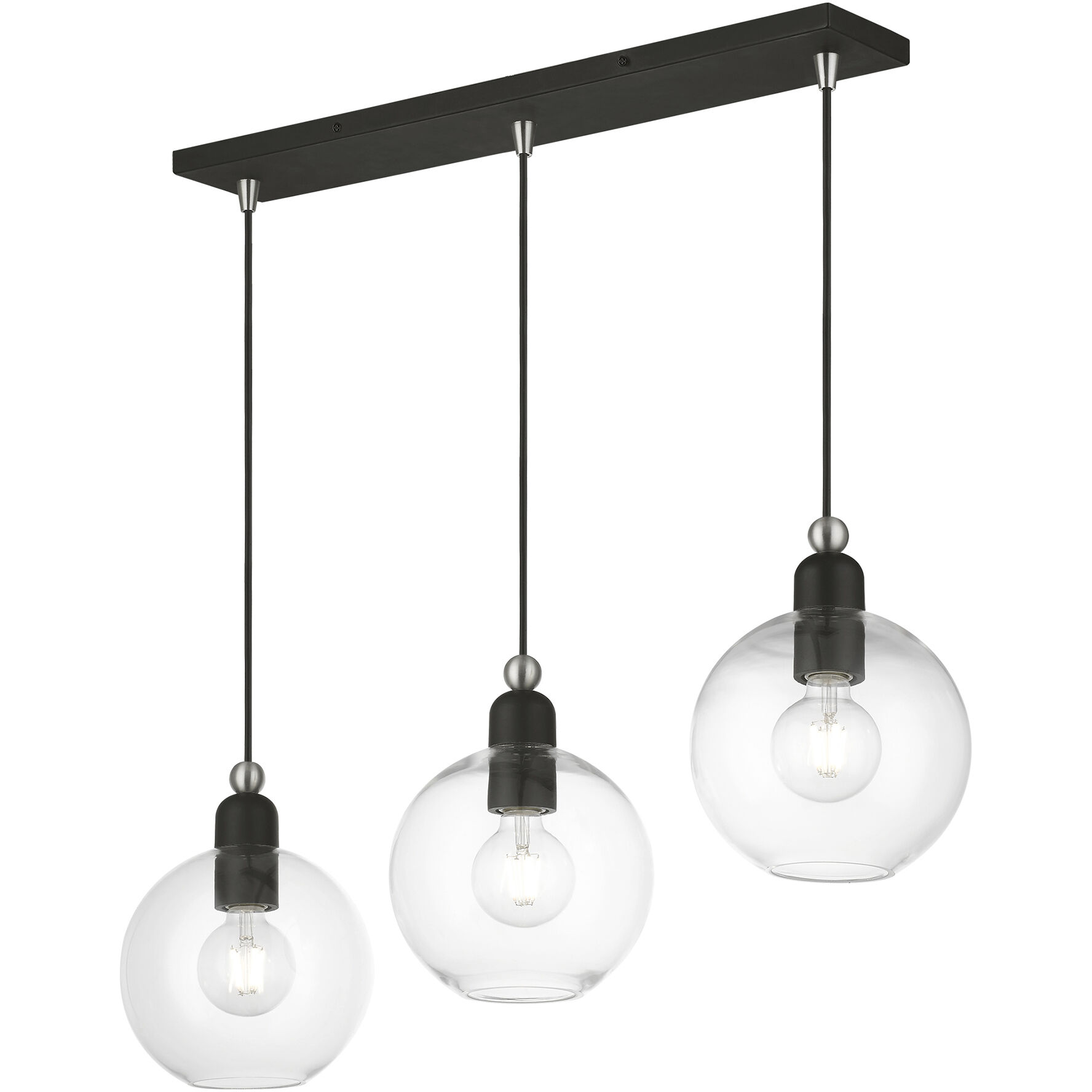 Downtown 3 Light 30 inch Black with Brushed Nickel Accents Linear Chandelier Ceiling Light, Sphere