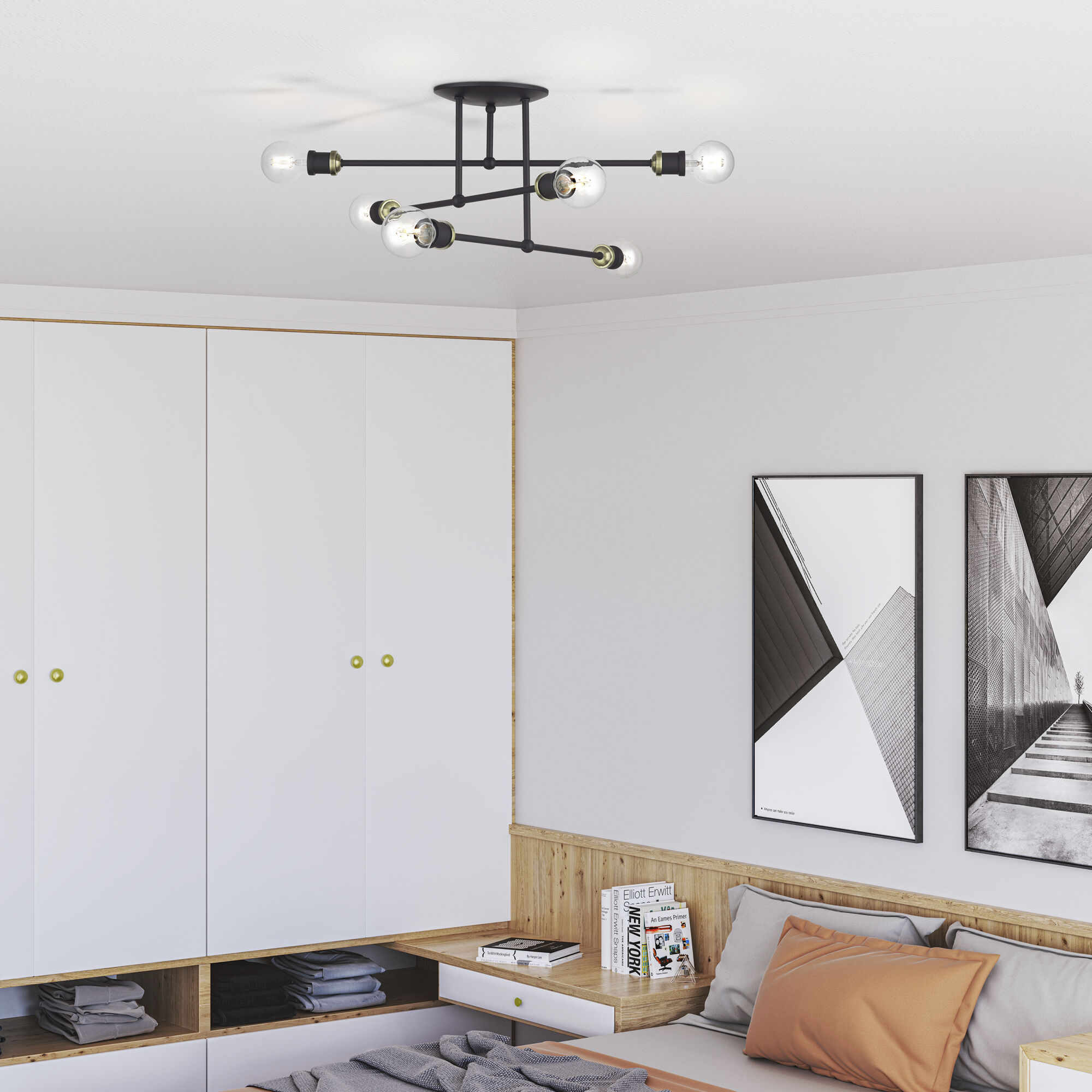 Delacroix 6 Light 28 inch Bronze with Antique Brass Accents Semi-Flush Ceiling Light