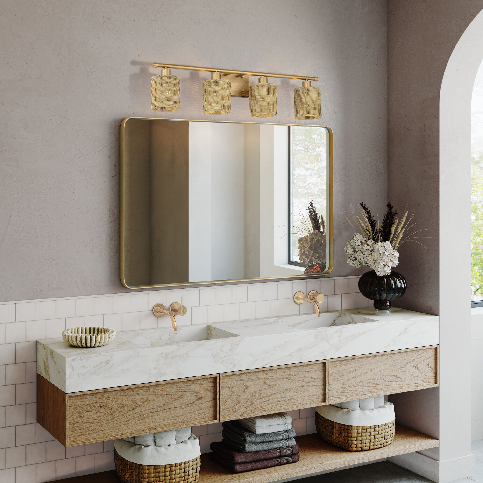 Weavington 4 Light 35.5 inch Antique Gold Leaf Vanity Wall Sconce Wall Light