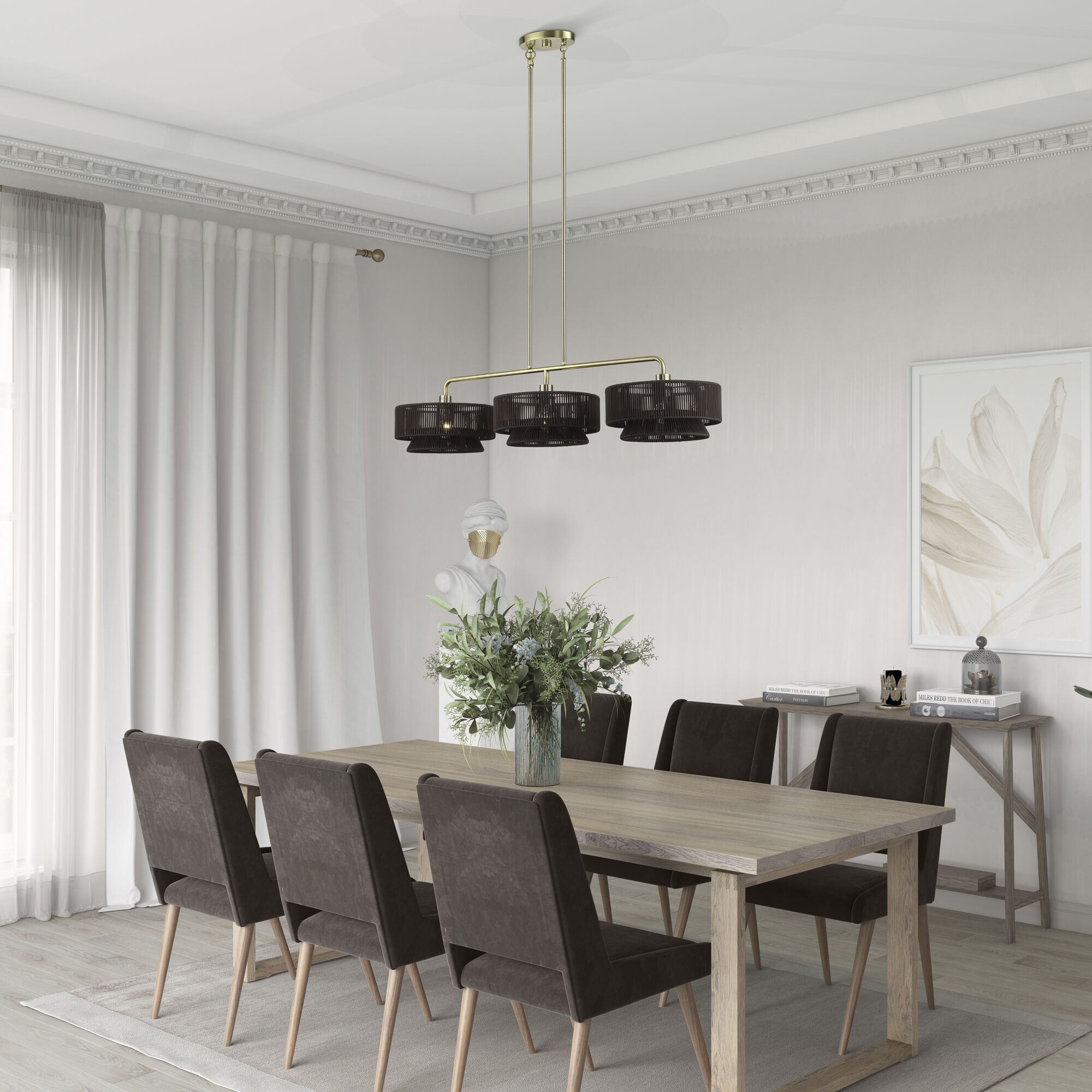 Florell 3 Light 47 inch Antique Brass Linear Chandelier Ceiling Light, Extra Large