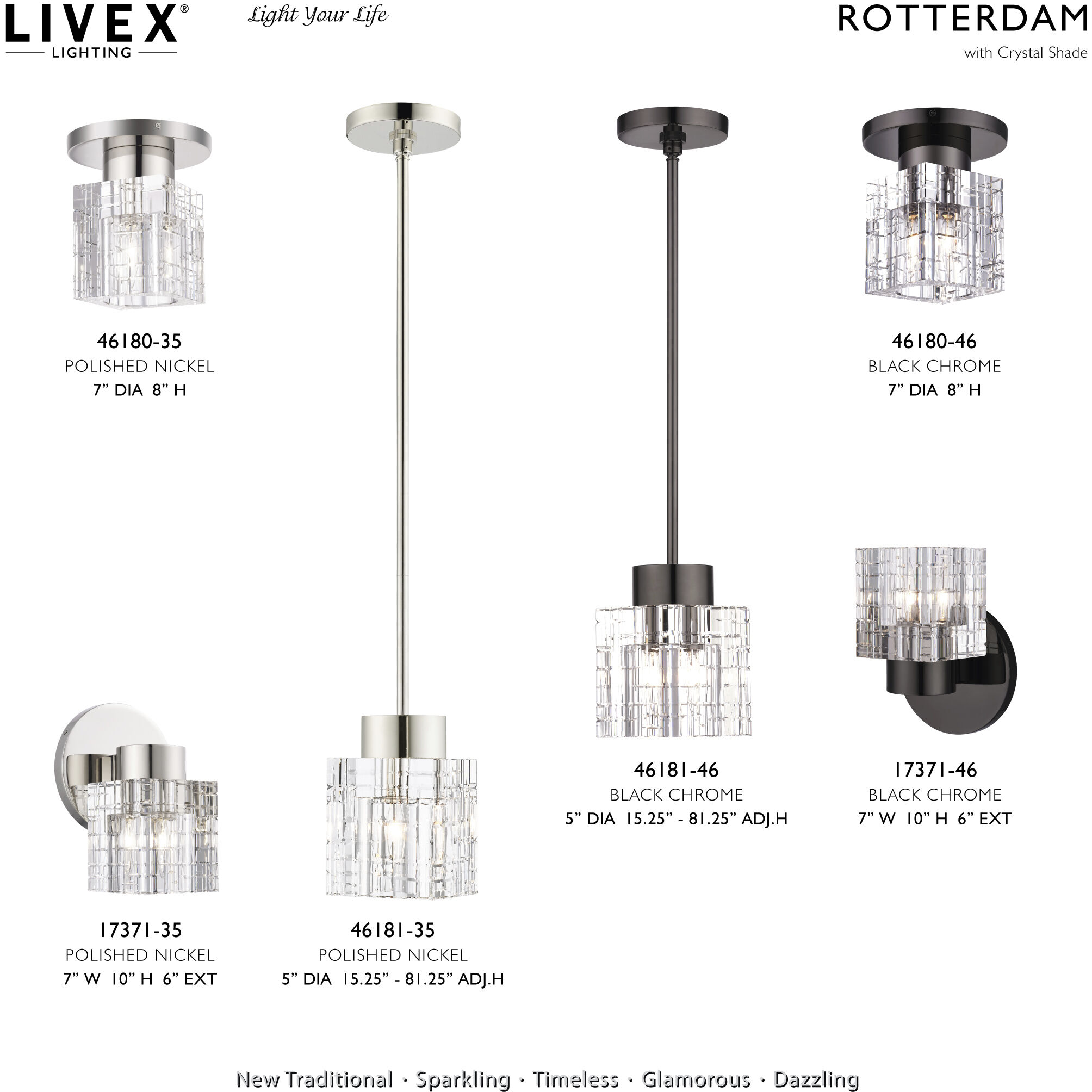 Rotterdam 1 Light 7 inch Black Chrome Crystal Semi-Flush Ceiling Light