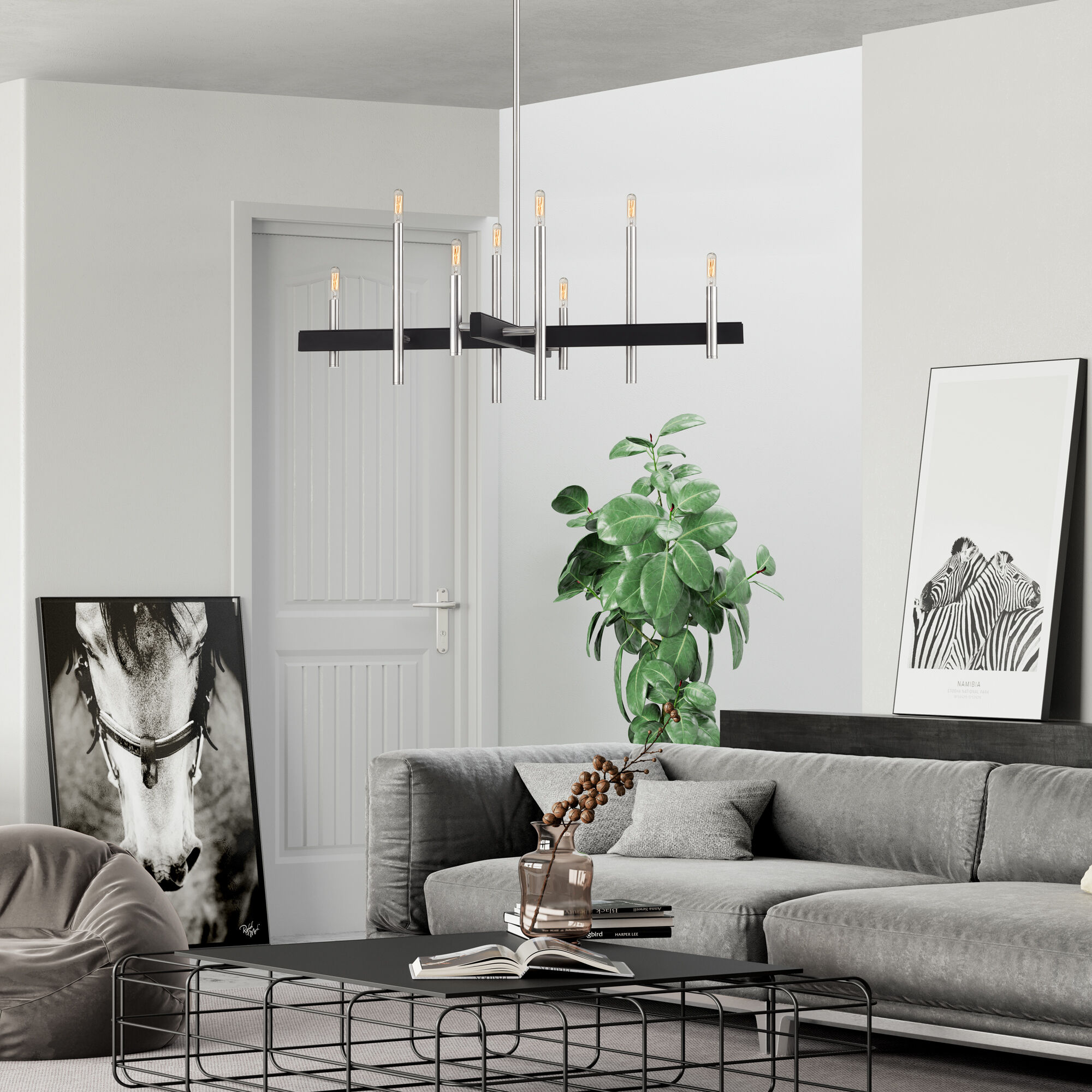 Denmark 8 Light 36 inch Brushed Nickel with Black Accents Chandelier Ceiling Light