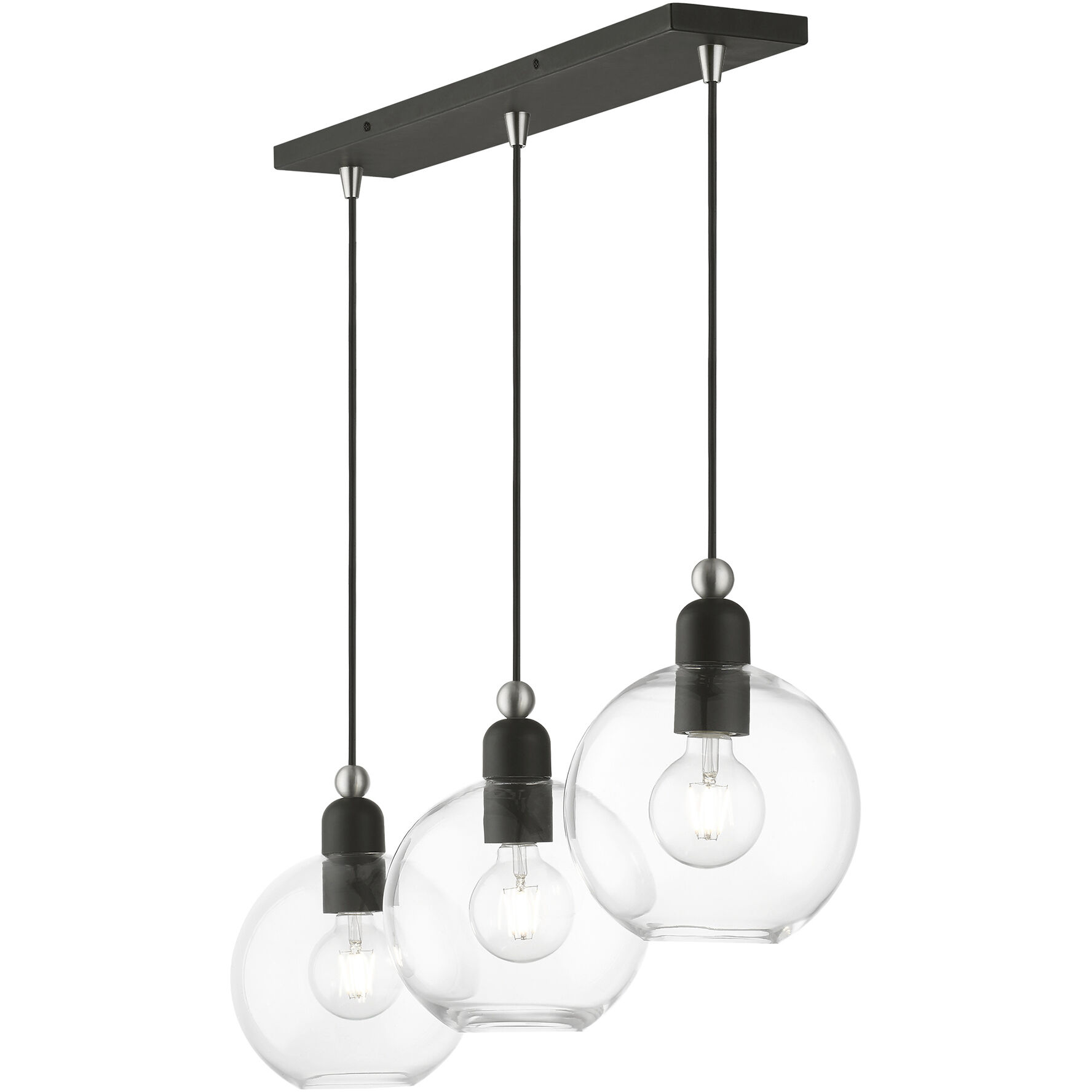 Downtown 3 Light 30 inch Black with Brushed Nickel Accents Linear Chandelier Ceiling Light, Sphere