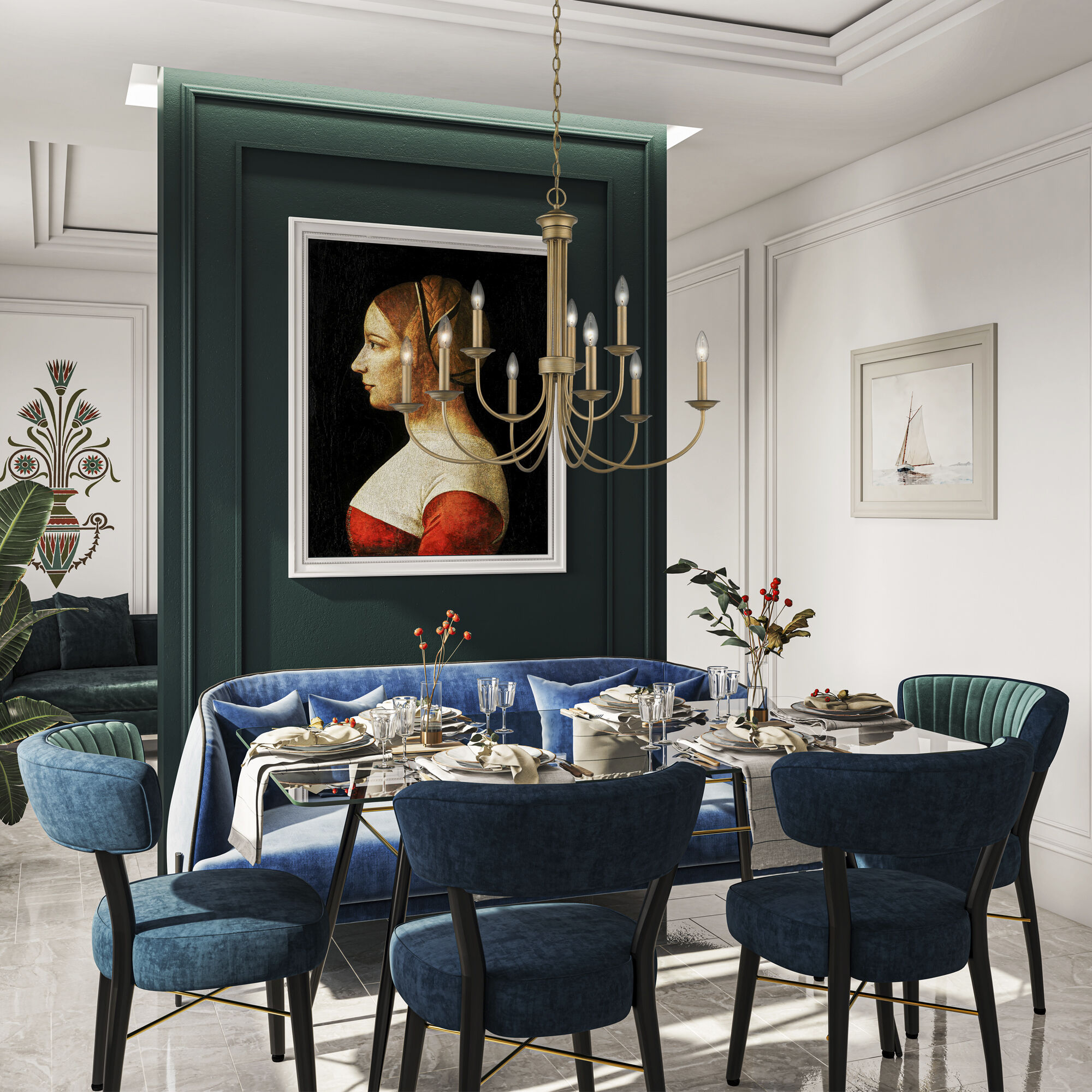 Estate 9 Light 30 inch Antique Gold Leaf Chandelier Ceiling Light, Large, 2-Tier