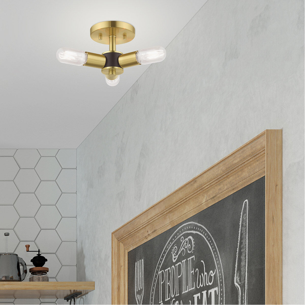 Copenhagen 3 Light 14 inch Satin Brass Semi-Flush Mount Ceiling Light