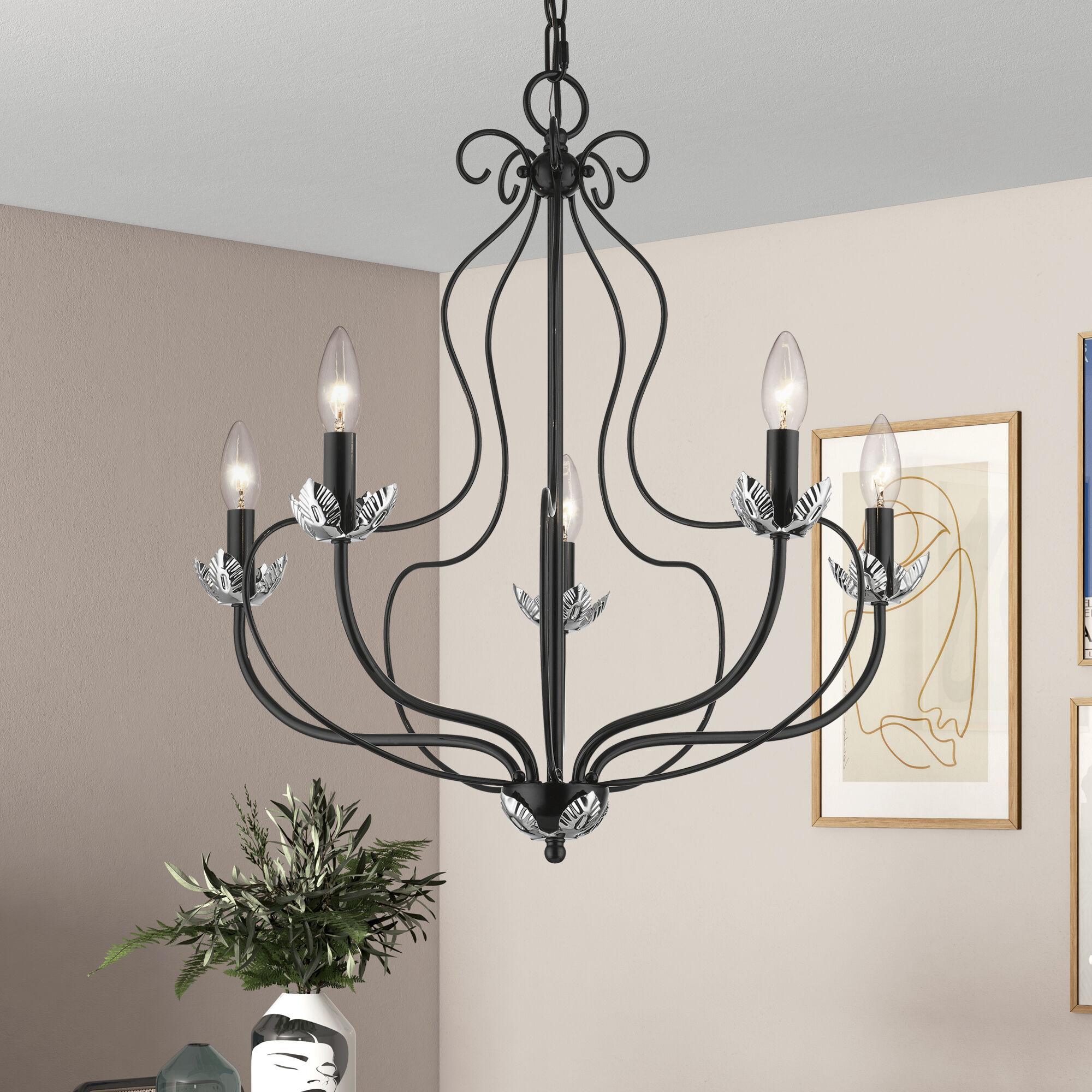 Katarina 5 Light 23 inch Shiny Black with Polished Chrome Accents Chandelier Ceiling Light