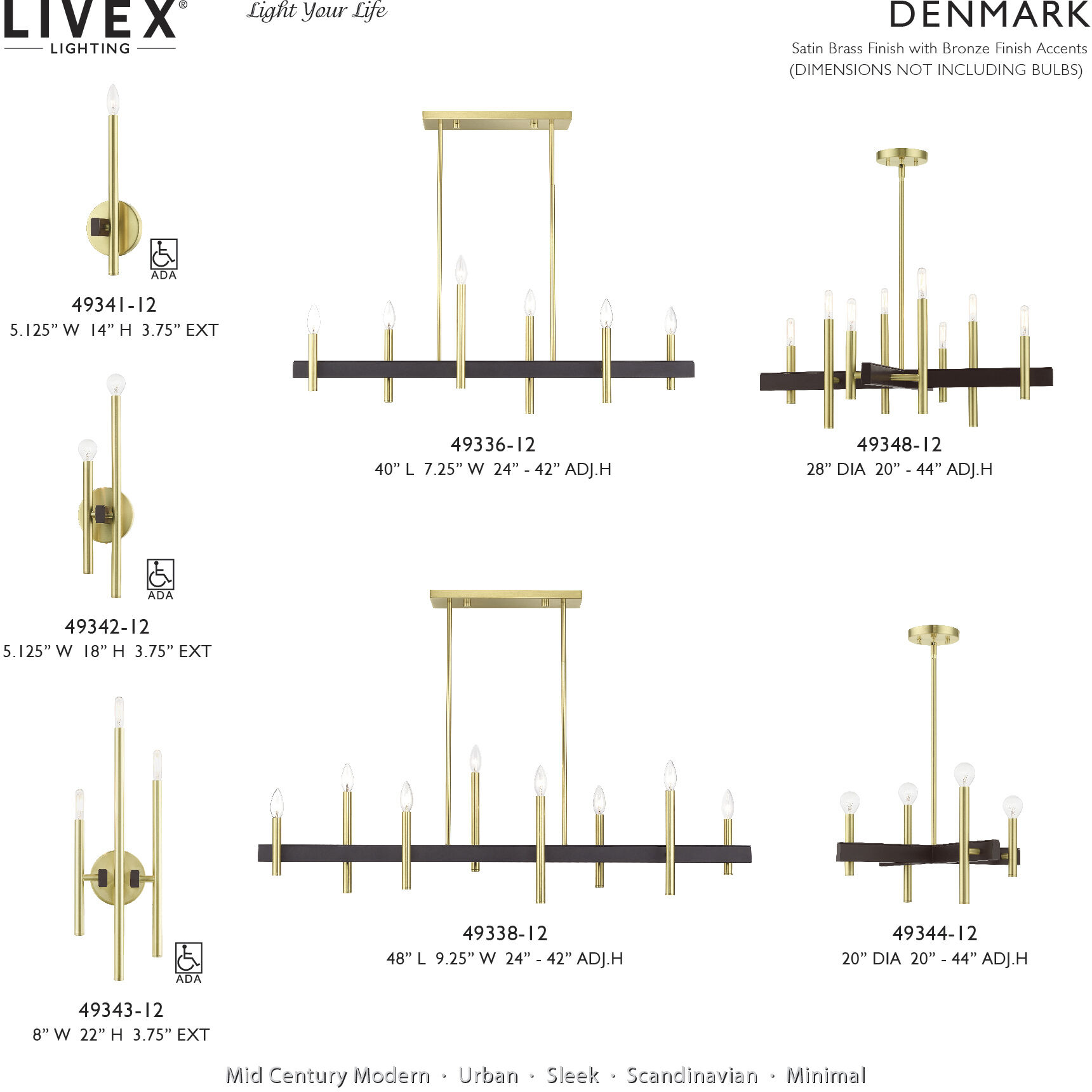 Denmark 6 Light 40 inch Satin Brass with Bronze Accents Linear Chandelier Ceiling Light