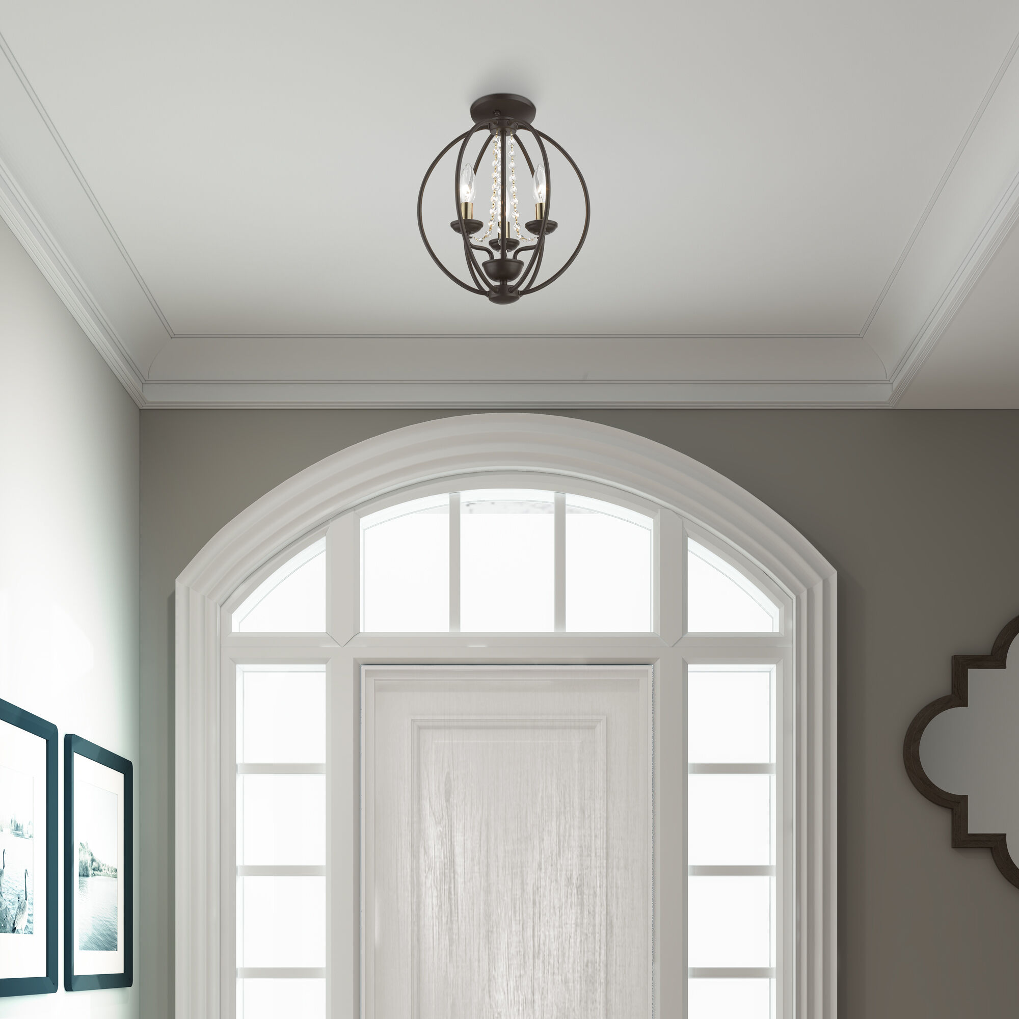 Arabella 3 Light 12 inch Bronze with Antique Brass Finish Candles Convertible Mini Chandelier/ Semi-Flush Ceiling Light, Globe