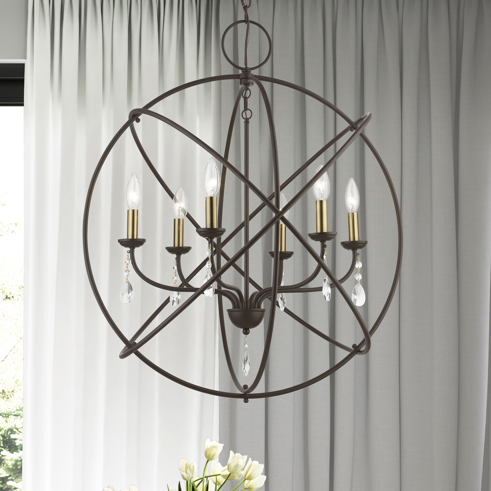 Aria 6 Light 28 inch Bronze with Antique Brass Finish Candles Pendant Chandelier Ceiling Light, Globe