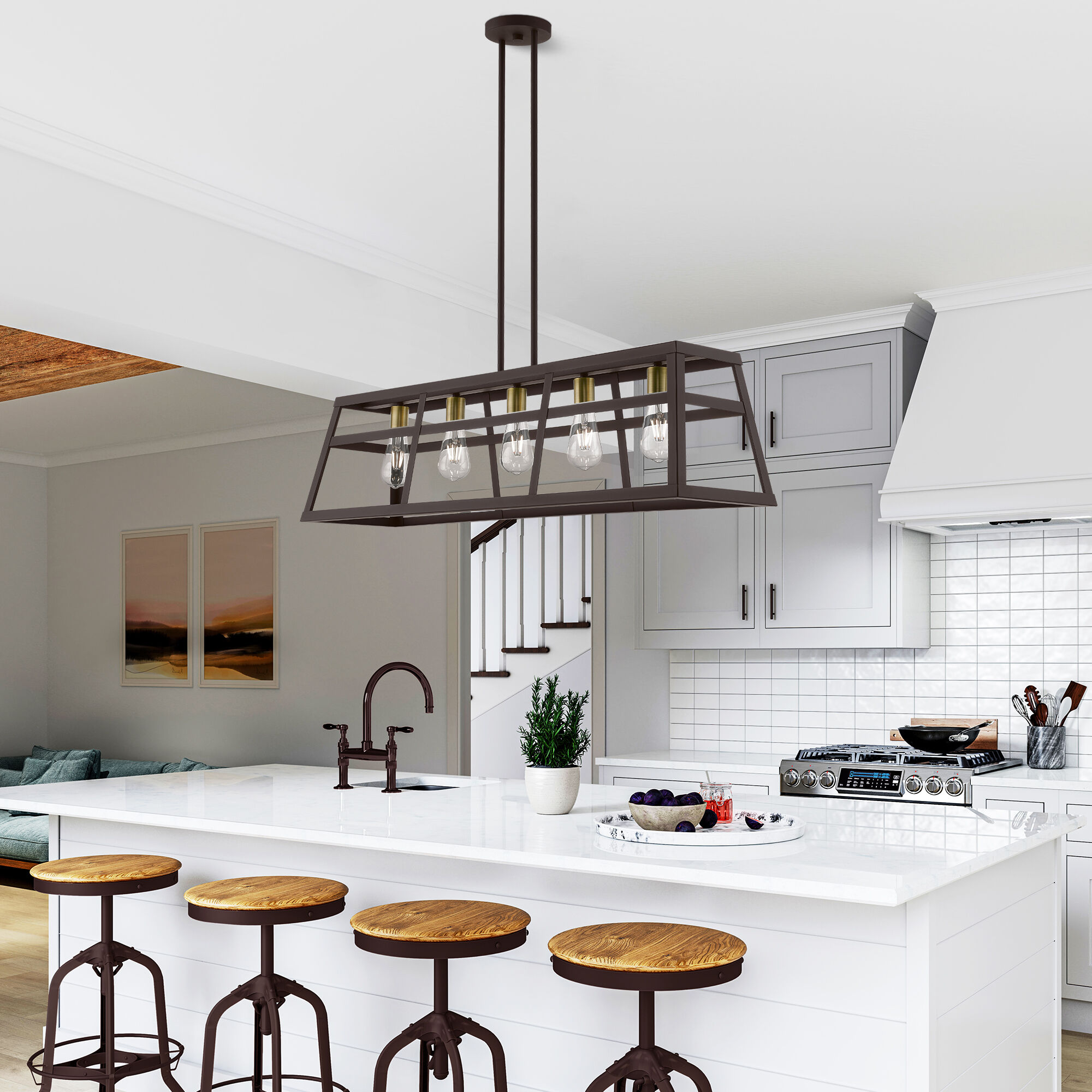 Schofield 5 Light 40 inch Bronze with Antique Brass Accents Linear Chandelier Ceiling Light