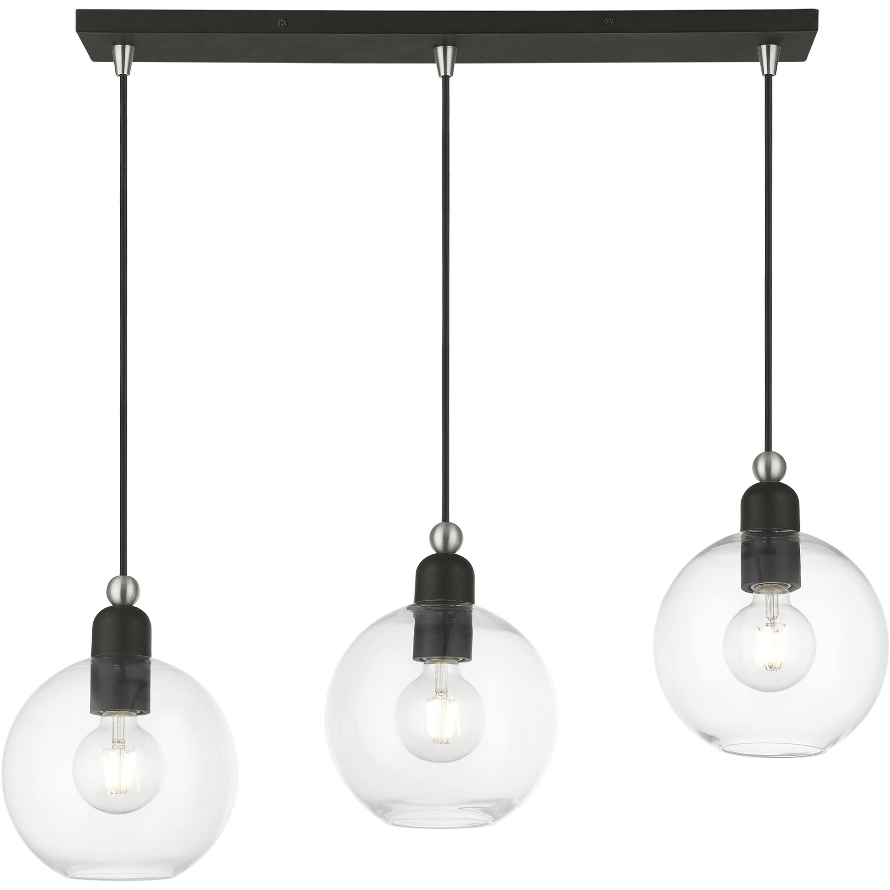 Downtown 3 Light 30 inch Black with Brushed Nickel Accents Linear Chandelier Ceiling Light, Sphere
