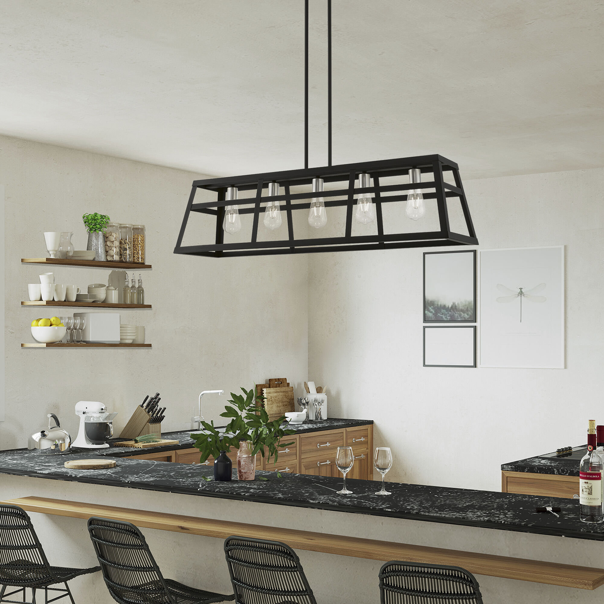 Schofield 5 Light 40 inch Black with Brushed Nickel Accents Linear Chandelier Ceiling Light