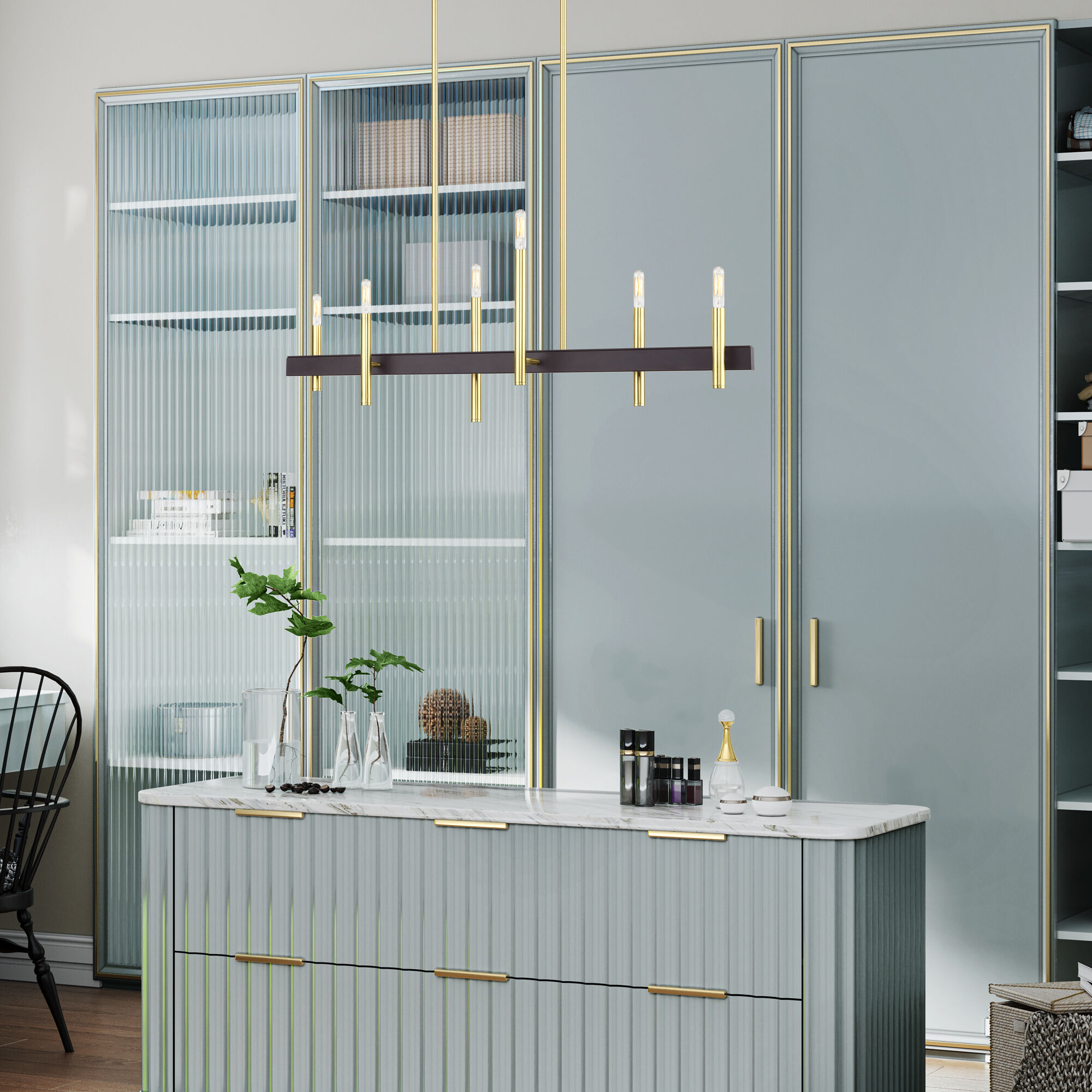 Denmark 6 Light 40 inch Satin Brass with Bronze Accents Linear Chandelier Ceiling Light