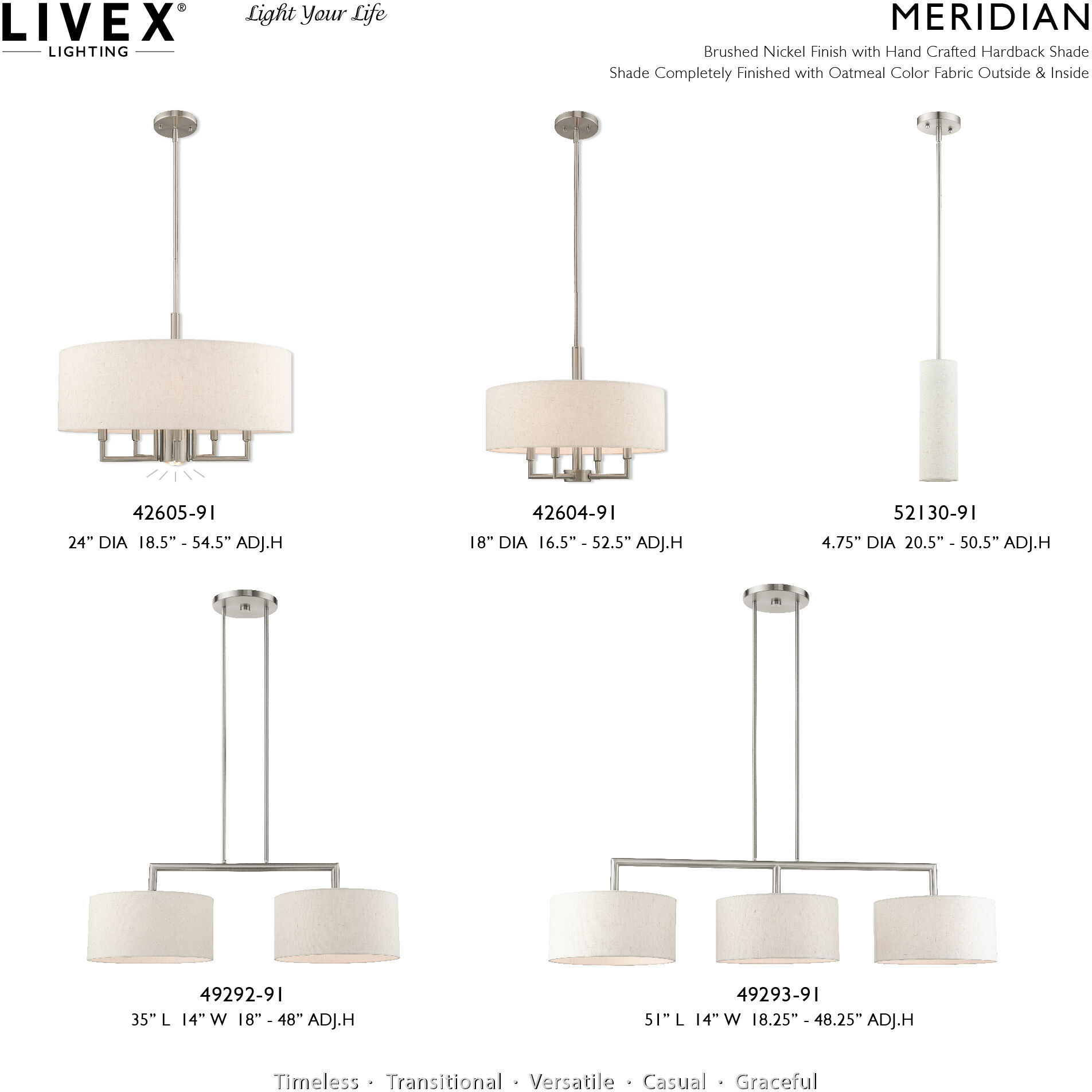 Meridian 6 Light 24 inch Brushed Nickel Pendant Chandelier Ceiling Light