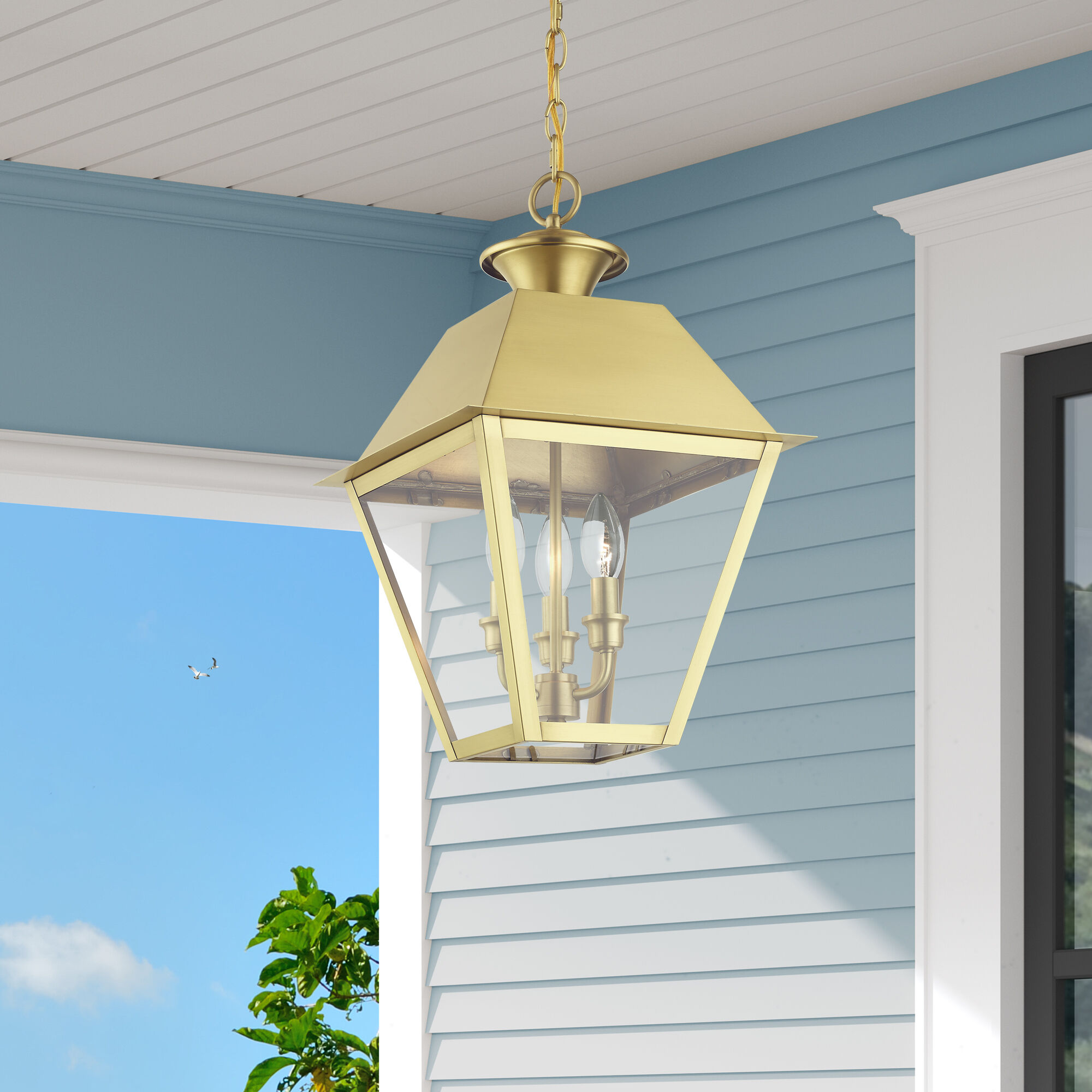 Wentworth 3 Light 12 inch Natural Brass Outdoor Pendant Lantern, Large
