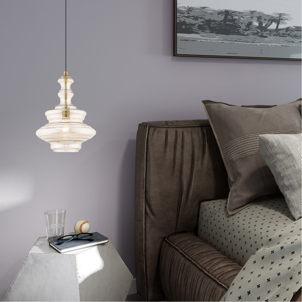 Art Glass 1 Light 12 inch Antique Brass Mini Pendant Ceiling Light