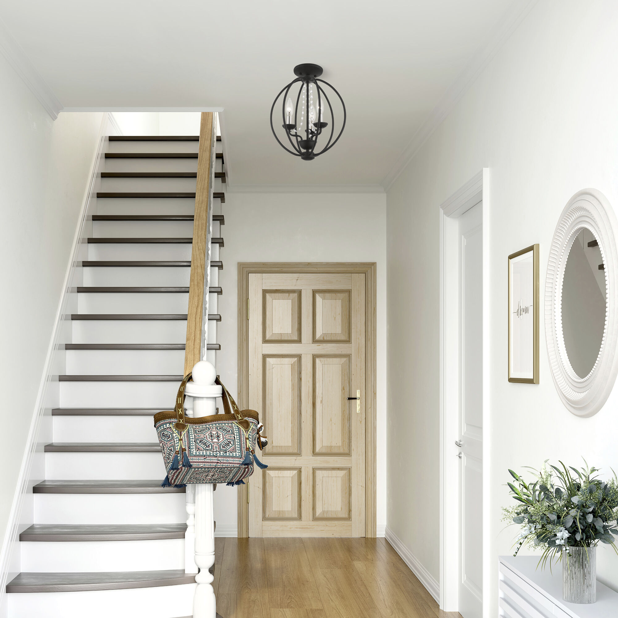 Arabella 3 Light 12 inch Black with Brushed Nickel Finish Candles Convertible Mini Chandelier/ Semi-Flush Ceiling Light, Globe