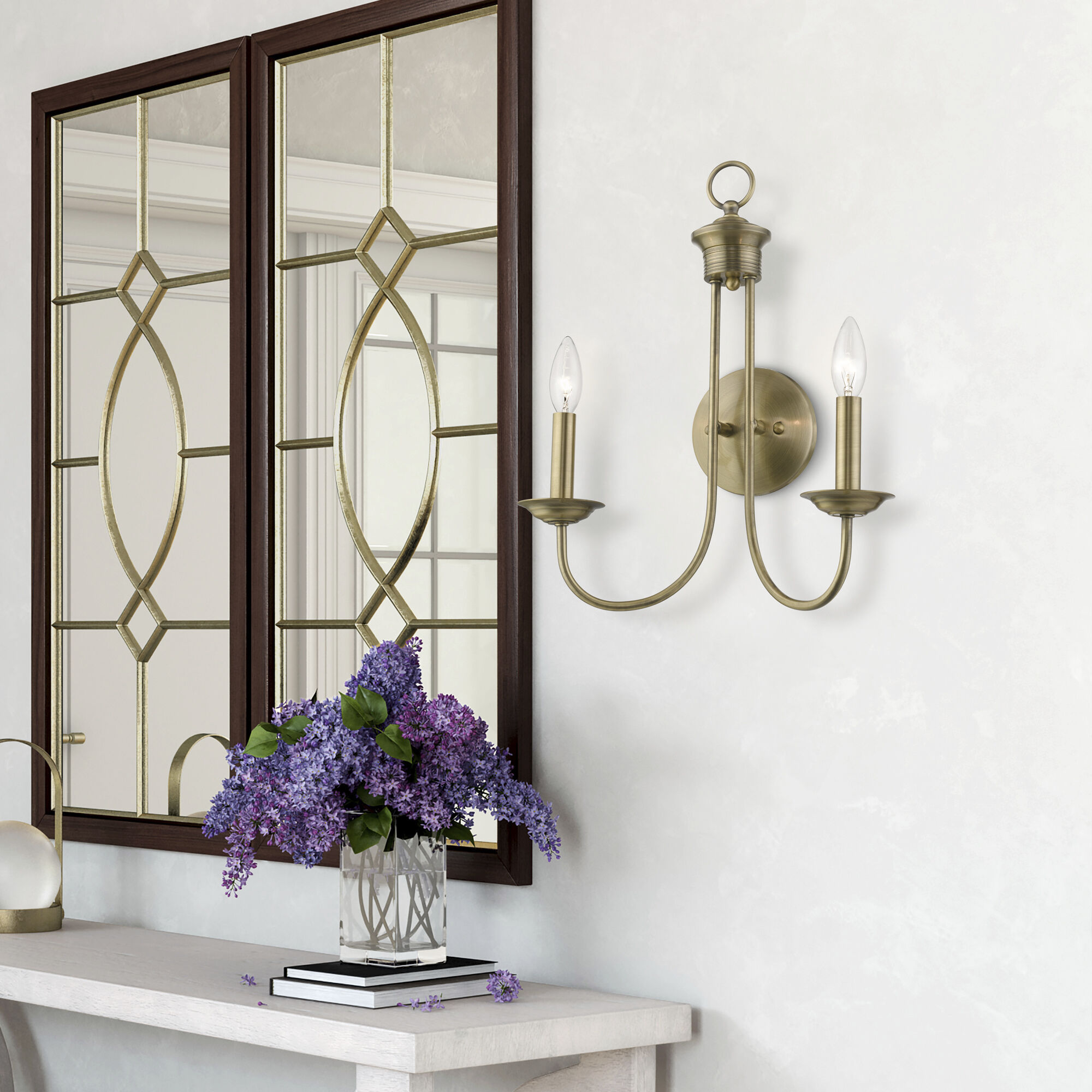 Estate 2 Light 14 inch Antique Brass Double Sconce Wall Light