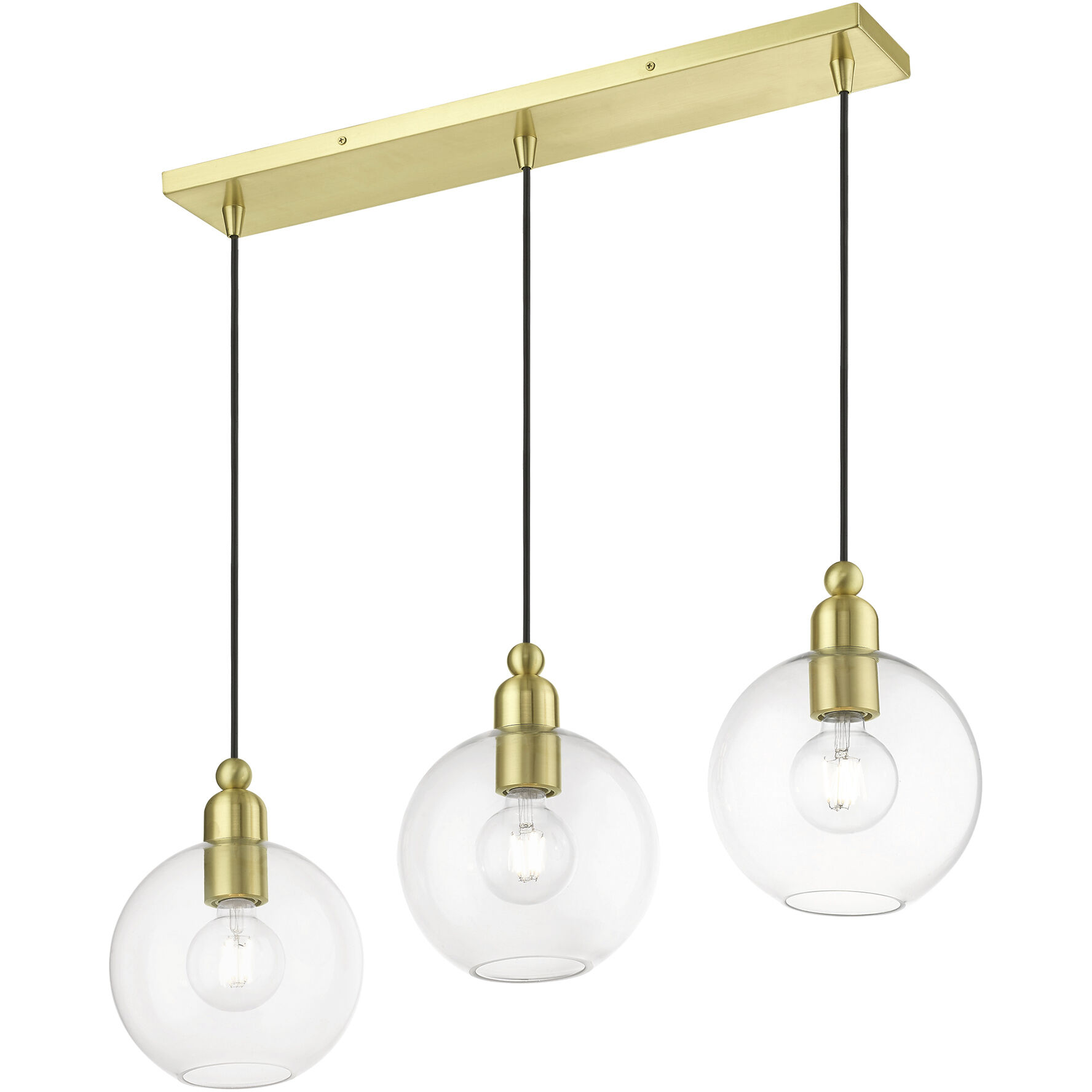 Downtown 3 Light 30 inch Satin Brass Linear Chandelier Ceiling Light, Sphere