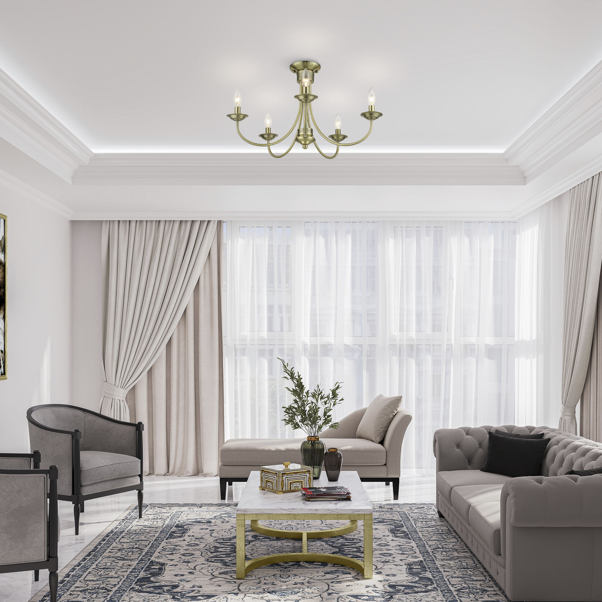 Estate 5 Light 24 inch Antique Brass Semi Flush Mount Ceiling Light, Large