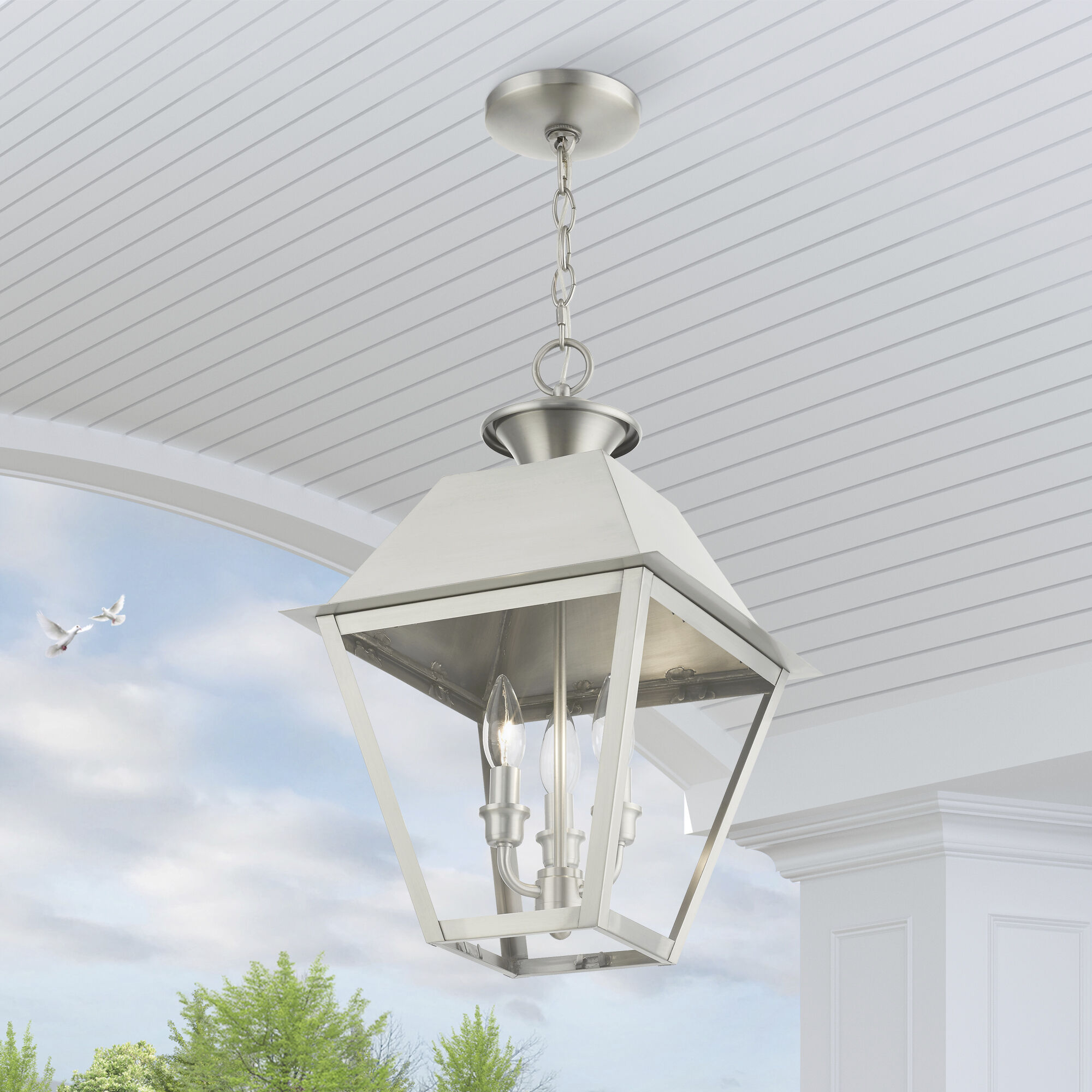 Wentworth 3 Light 12 inch Brushed Nickel Outdoor Pendant Lantern, Large