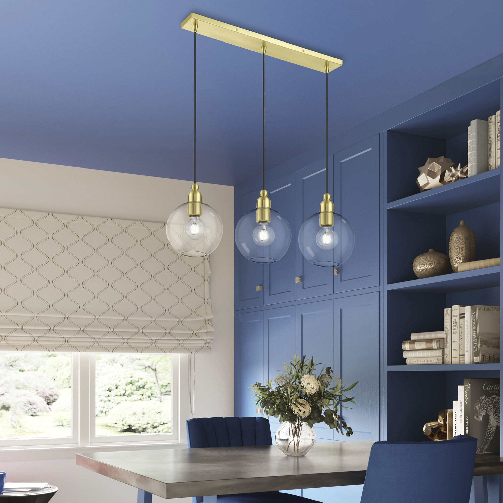 Downtown 3 Light 30 inch Satin Brass Linear Chandelier Ceiling Light, Sphere