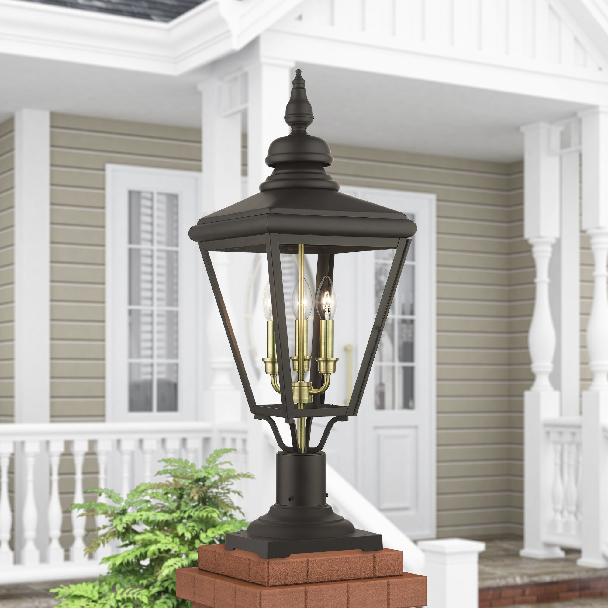 Adams 3 Light 26.75 inch Bronze with Antique Brass Finish Cluster Outdoor Large Post Top Lantern