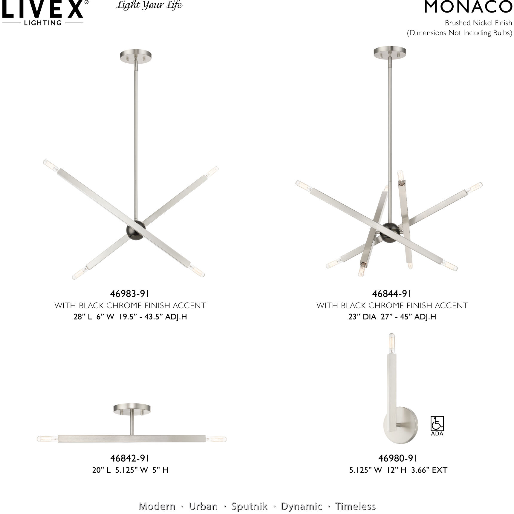 Monaco 4 Light 28 inch Brushed Nickel with Black Chrome Finish Accent Linear Chandelier Ceiling Light