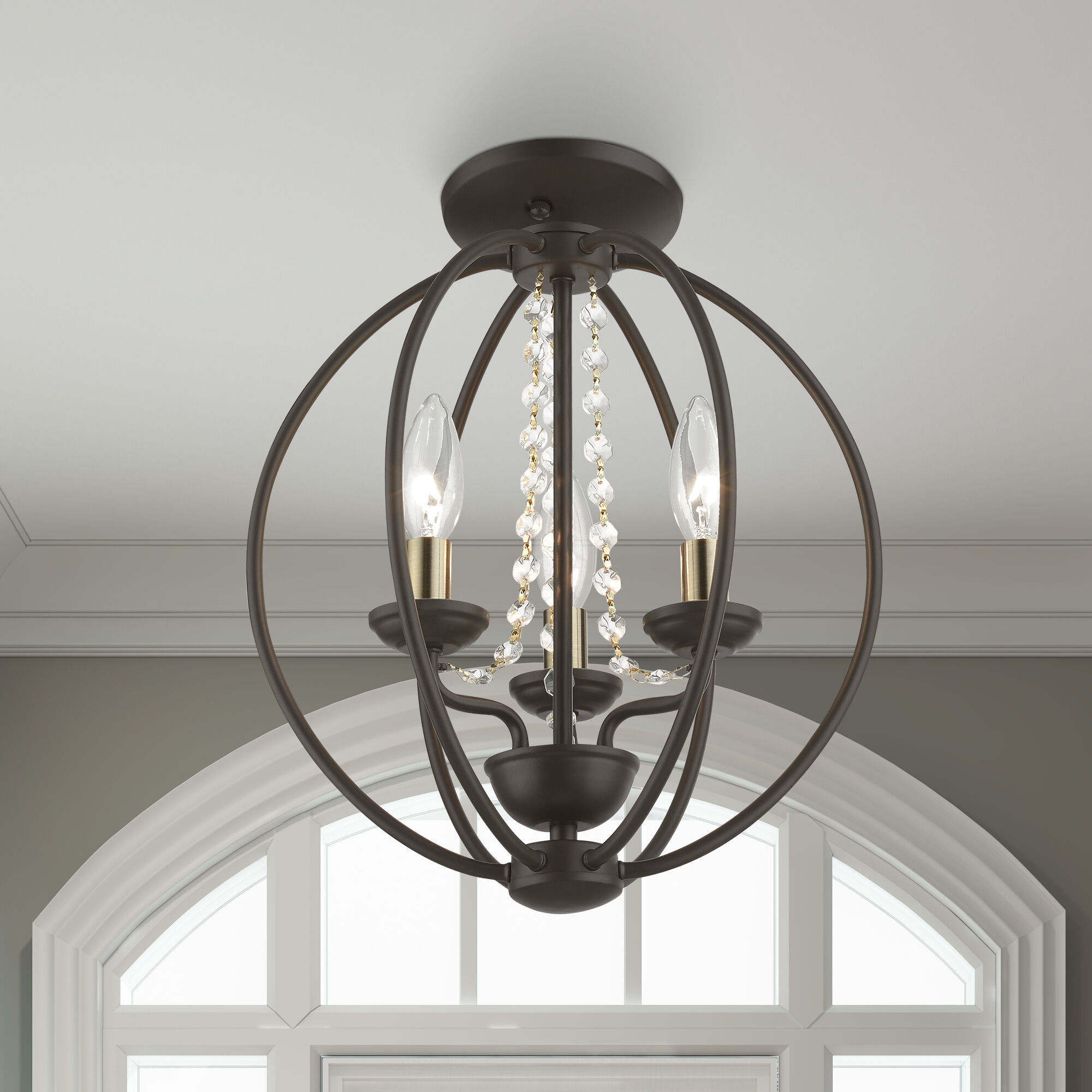 Arabella 3 Light 12 inch Bronze with Antique Brass Finish Candles Convertible Mini Chandelier/ Semi-Flush Ceiling Light, Globe