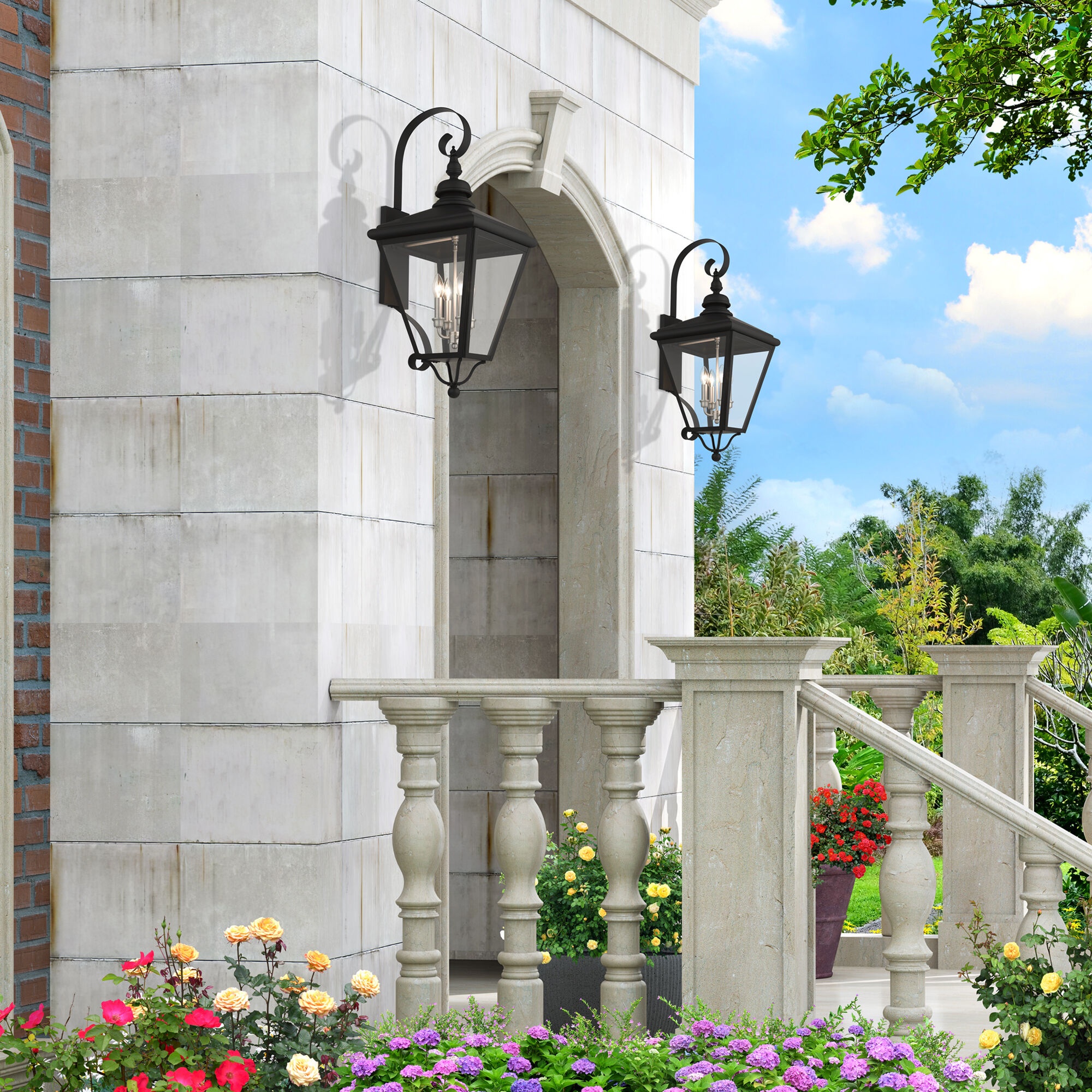 Adams 4 Light 14.25 inch Black with Brushed Nickel Finish Cluster Outdoor Extra Large Wall Lantern Wall Light