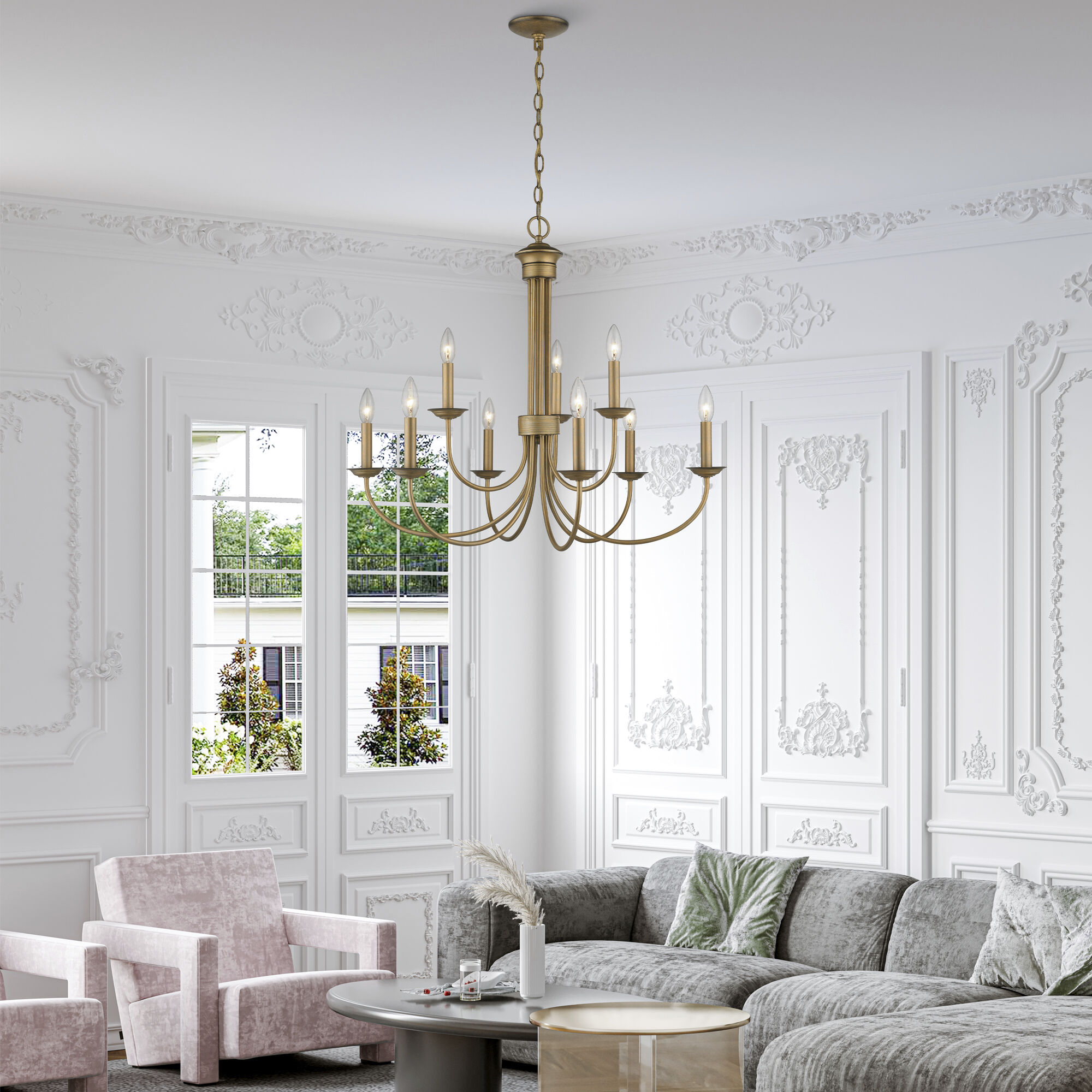 Estate 9 Light 30 inch Antique Gold Leaf Chandelier Ceiling Light, Large, 2-Tier