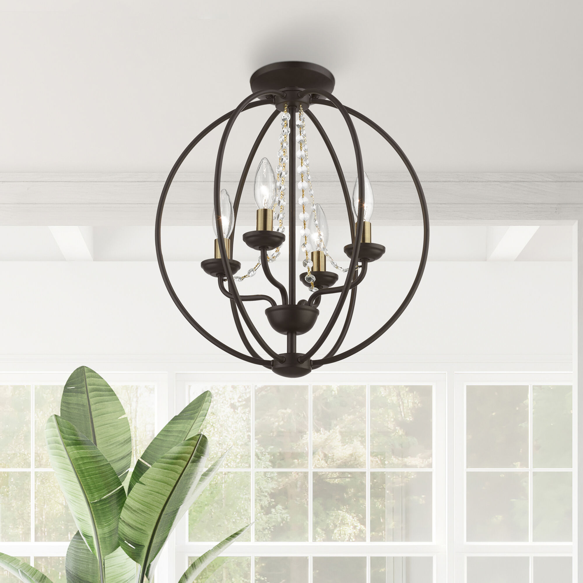 Arabella 4 Light 15 inch Bronze with Antique Brass Finish Candles Convertible Chandelier/ Semi-Flush Ceiling Light, Globe