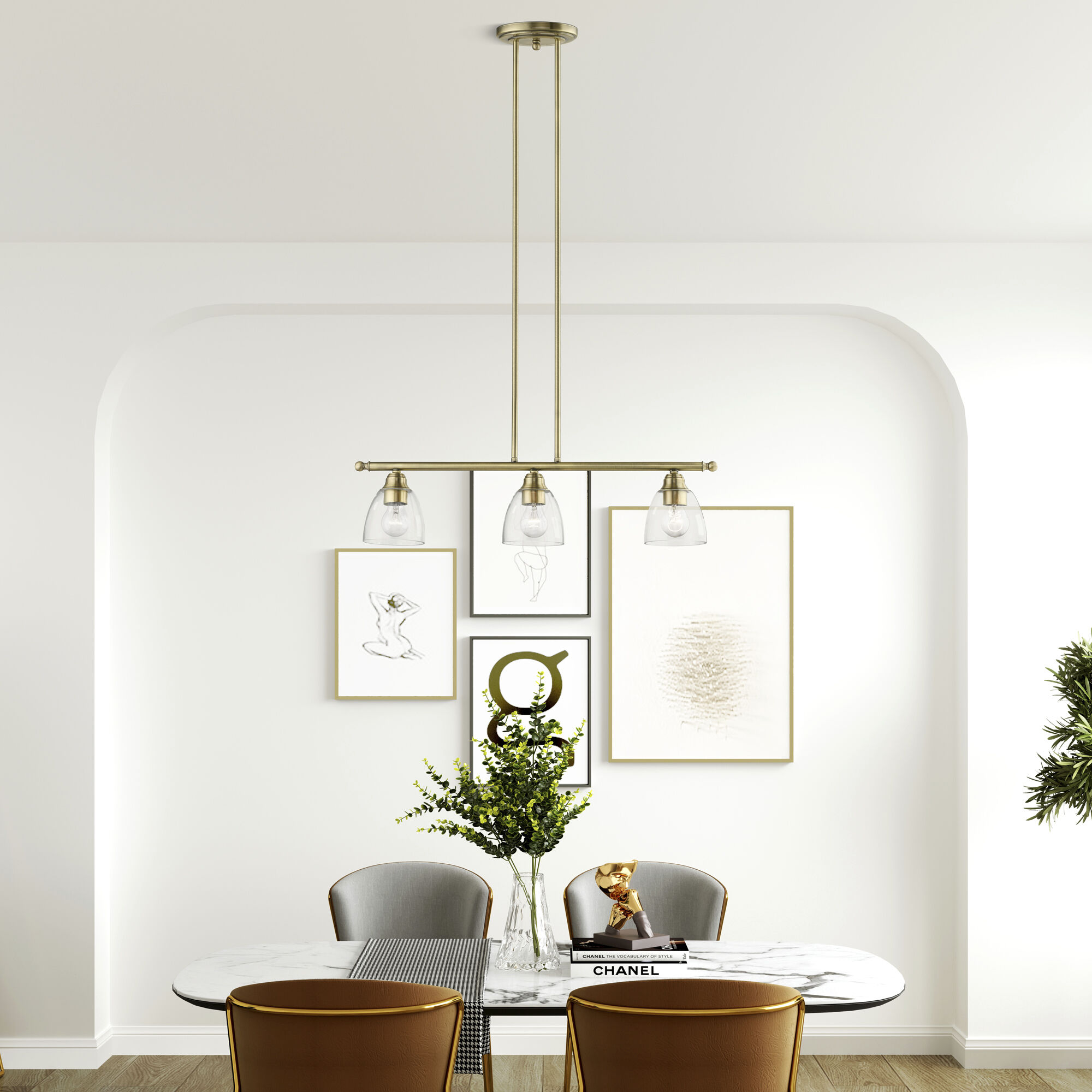 Montgomery 3 Light 30 inch Antique Brass Linear Chandelier Ceiling Light