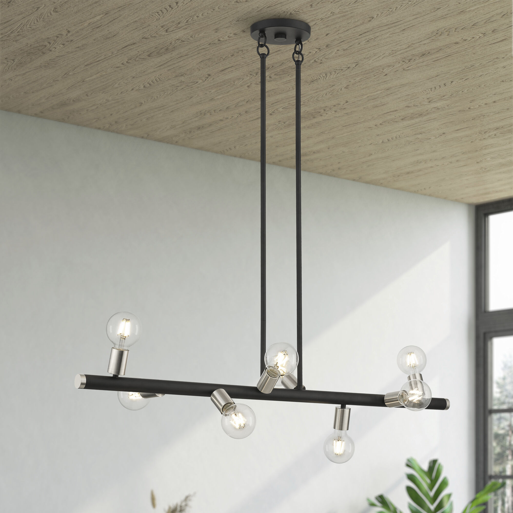 Bannister 8 Light 42 inch Black with Brushed Nickel Accents Linear Chandelier Ceiling Light, Large