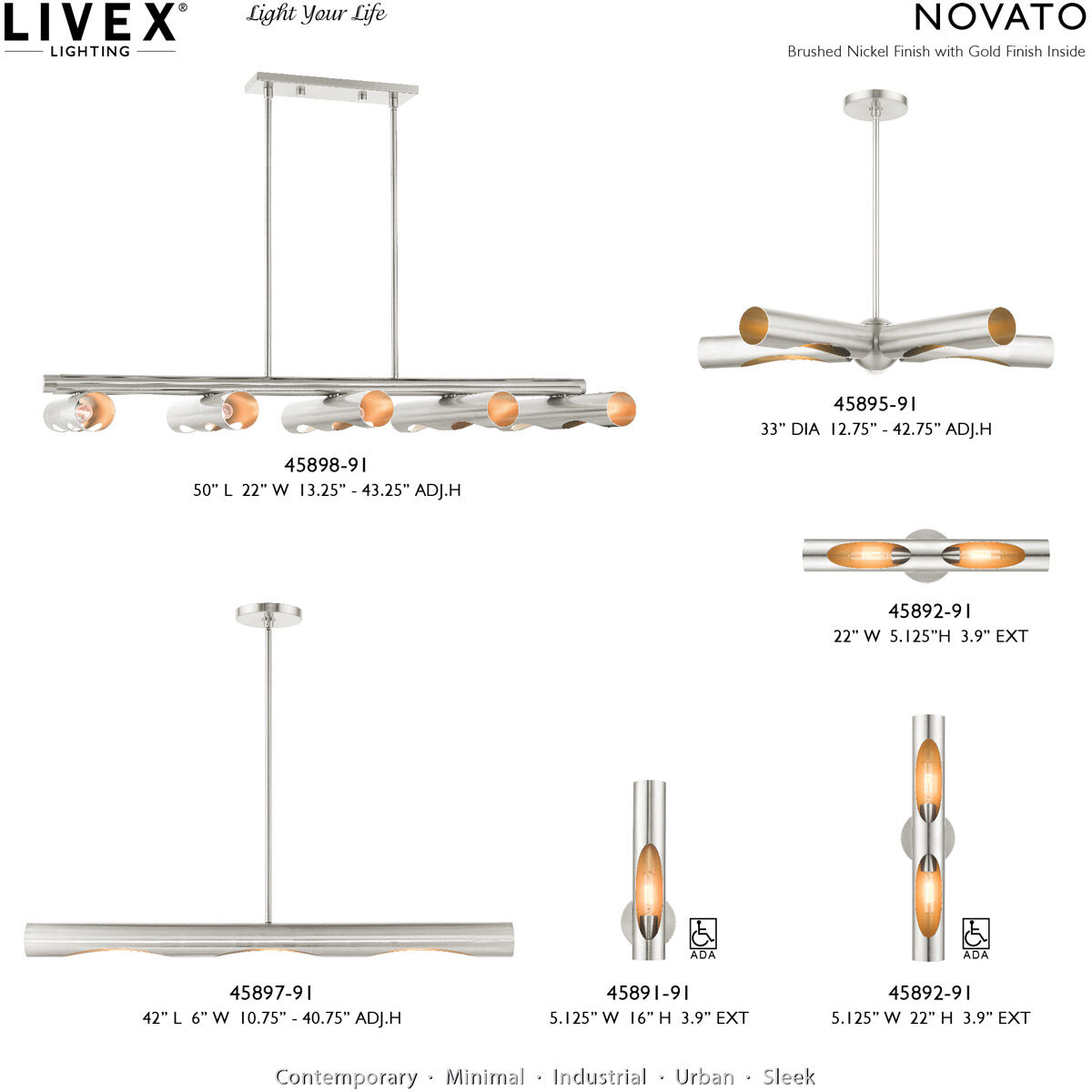 Novato 3 Light 42 inch Brushed Nickel Linear Chandelier Ceiling Light